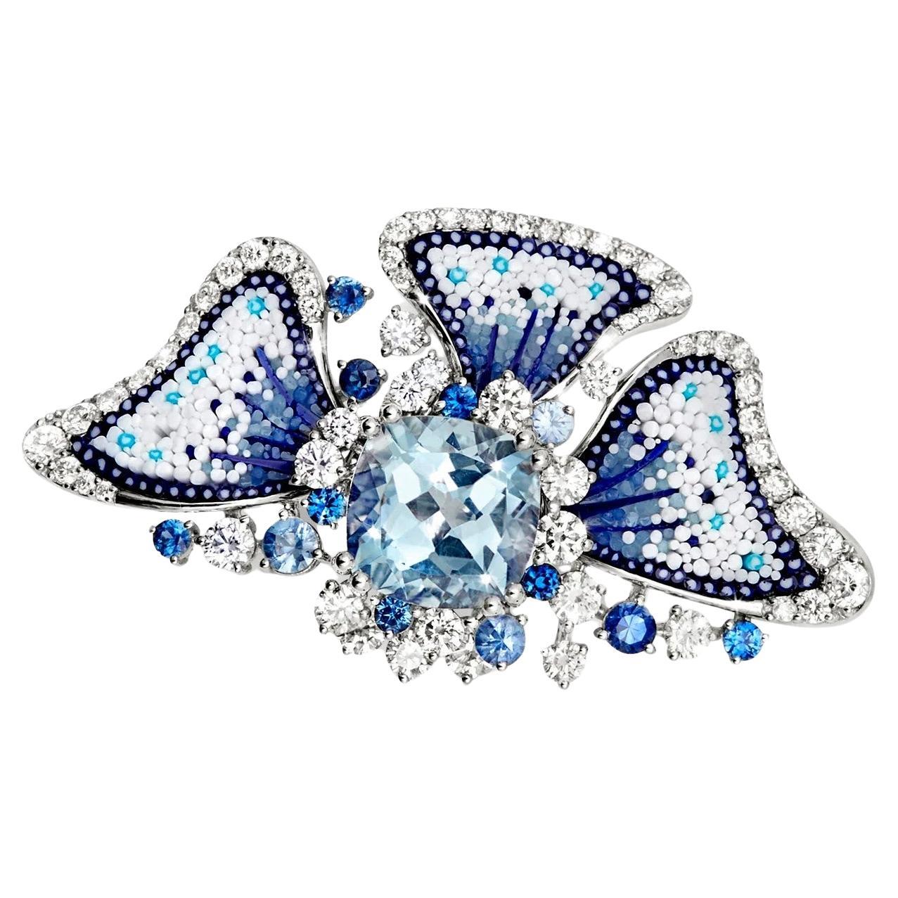 Cocktail Ring in White Gold with Aquamarine, Diamonds, Sapphires and Micromosaic