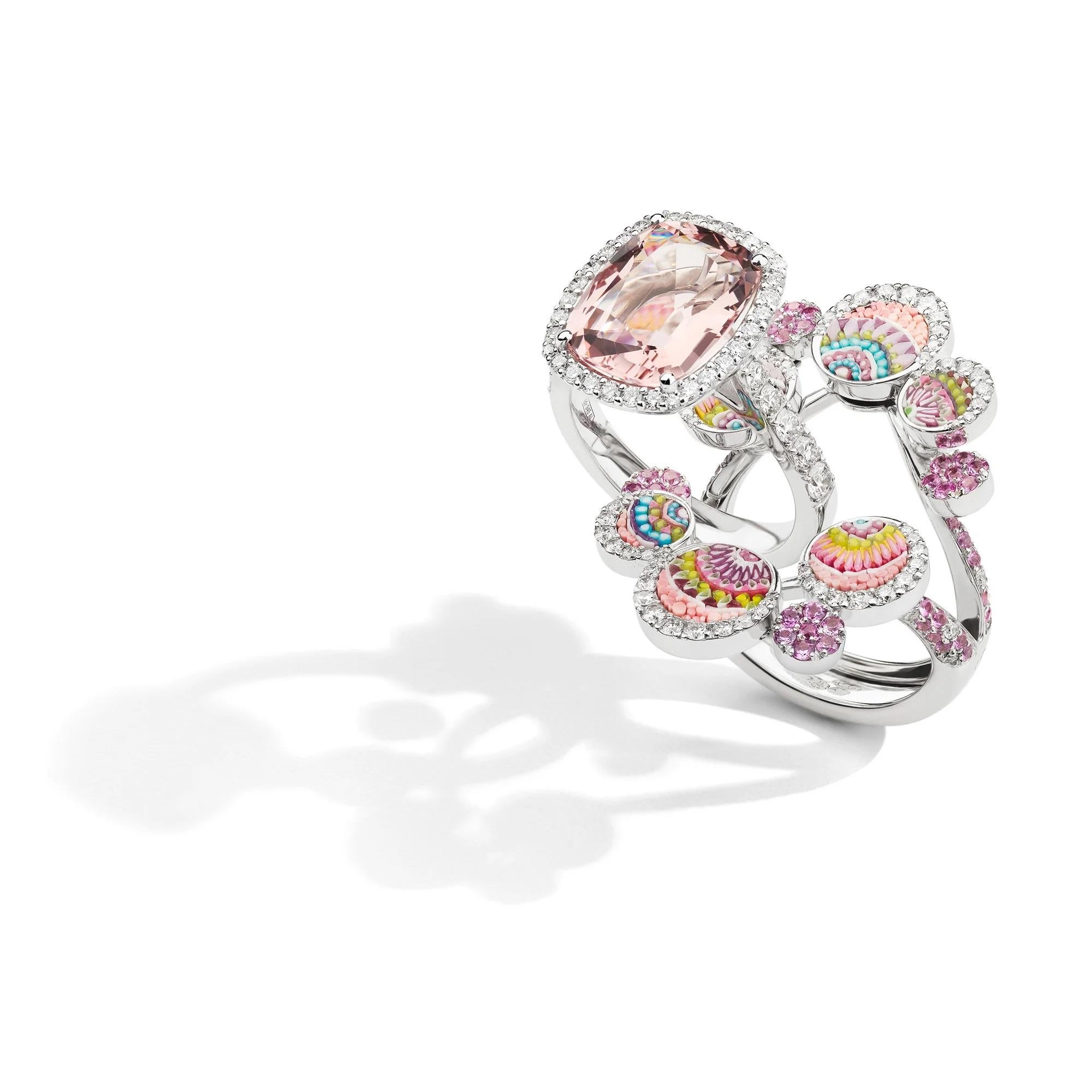 Modern Cocktail Ring in White Gold with Morganite, White Diamonds and Micromosaic For Sale