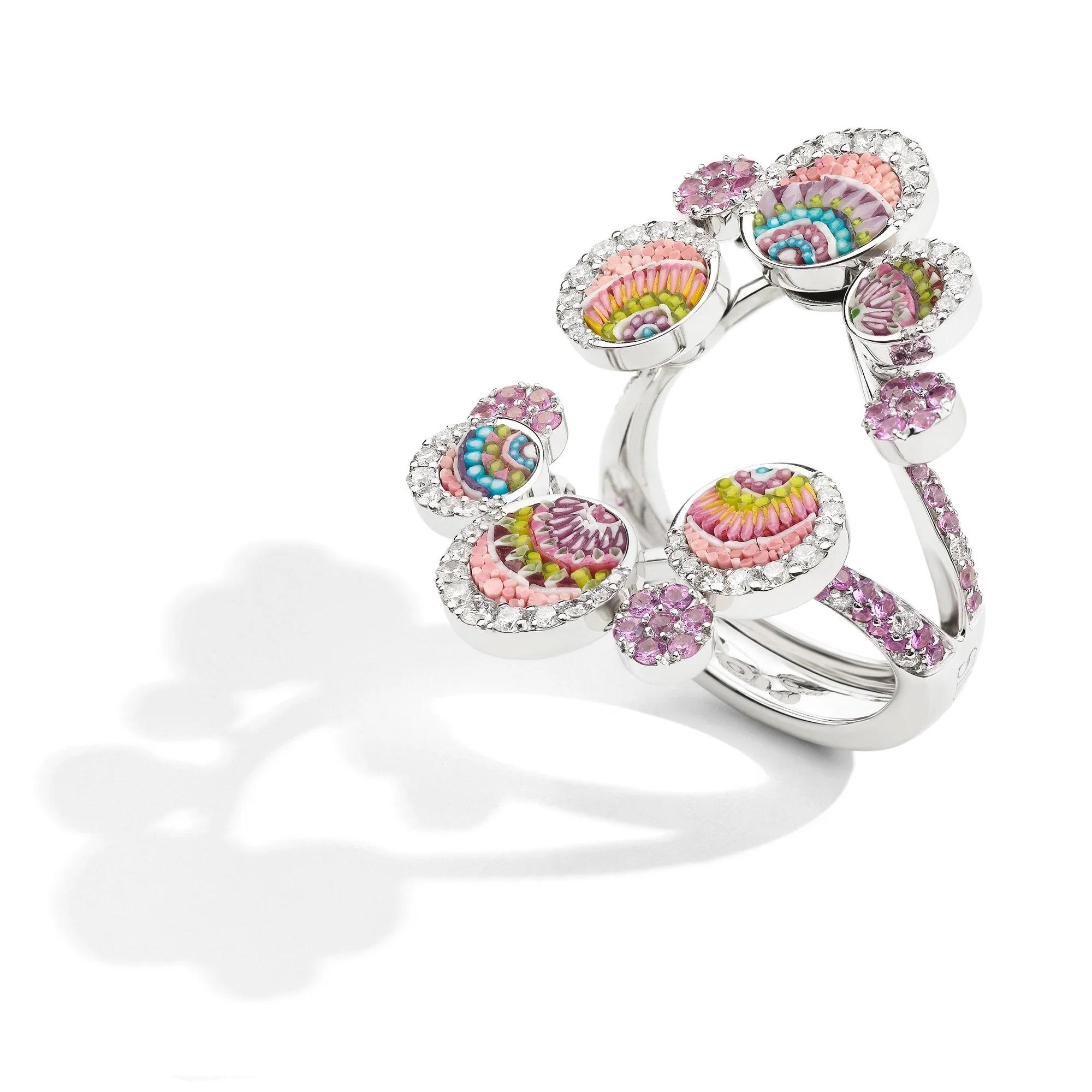 Women's Cocktail Ring in White Gold with Morganite, White Diamonds and Micromosaic For Sale