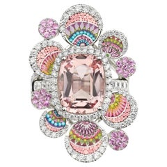 Cocktail Ring in White Gold with Morganite, White Diamonds and Micromosaic