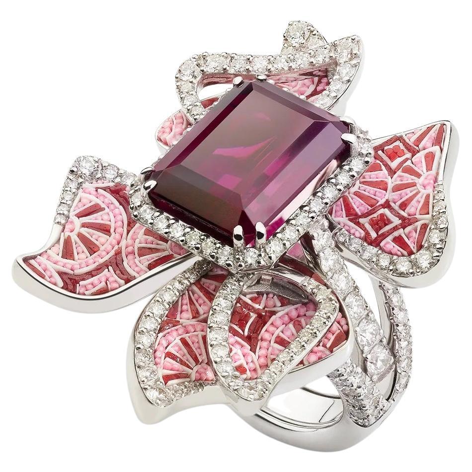 Cocktail Ring in White Gold with Tanzanite, White Diamonds and Micromosaic For Sale