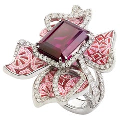 Cocktail Ring in White Gold with Tanzanite, White Diamonds and Micromosaic