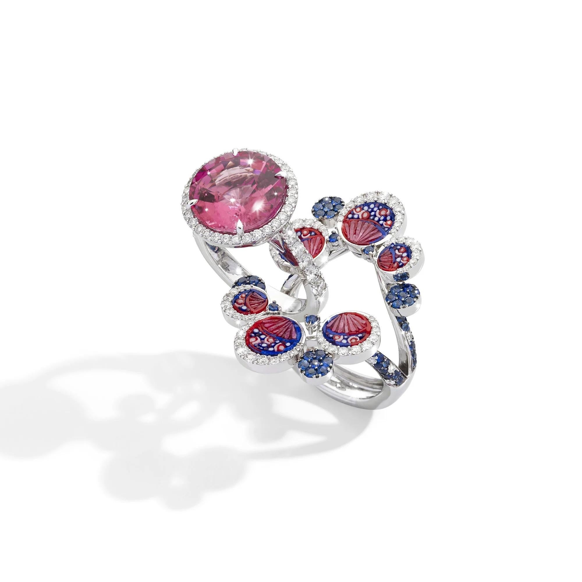 Awaken the essence of life's vibrant journey with our extraordinary Life Round ring. 
Exquisitely crafted from radiant gold, adorned with intricate micromosaic, dazzling diamonds, and captivating blue sapphires, it unveils a central round