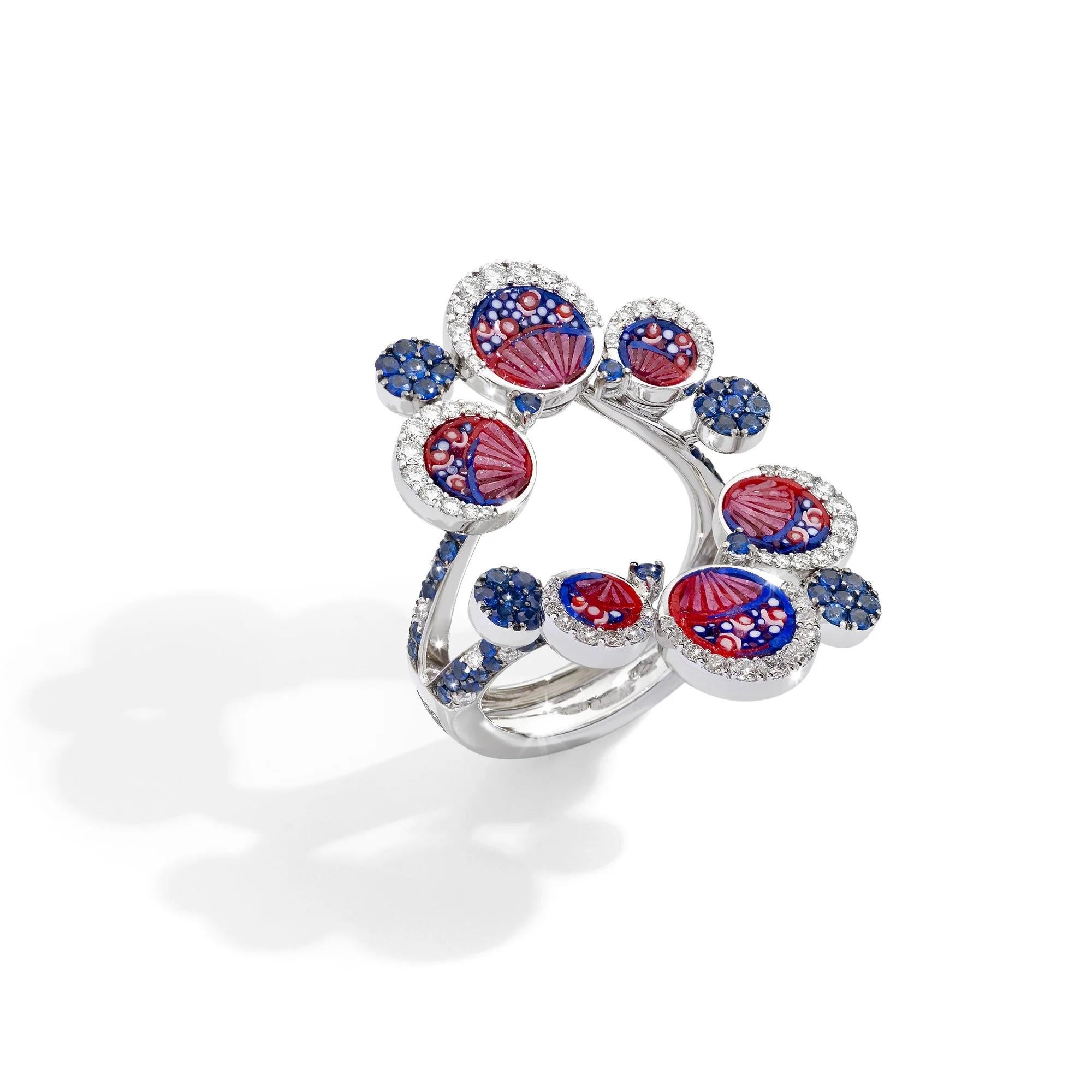 Mixed Cut Cocktail RIng in White Gold with White Diamonds, Tourmaline and Micromosaic For Sale