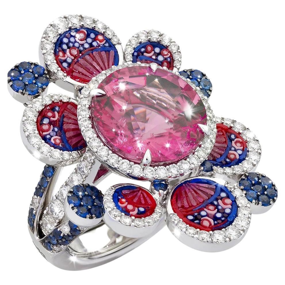 Cocktail RIng in White Gold with White Diamonds, Tourmaline and Micromosaic