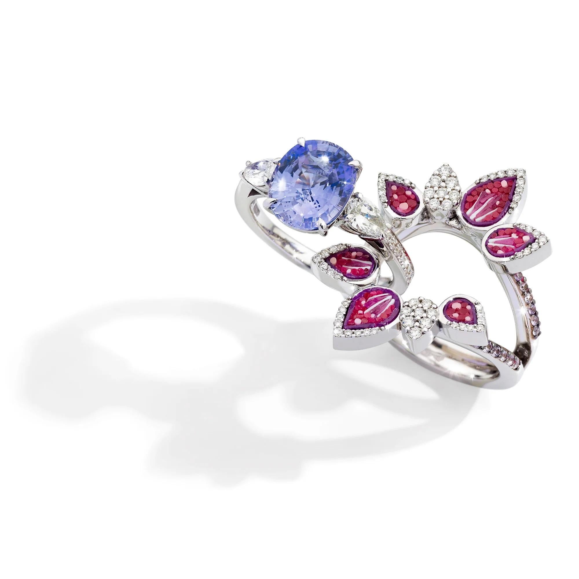 Indulge in the poetic beauty of our high-jewelry masterpiece, the Lotus ring. 
Crafted from exquisite gold and adorned with intricate micromosaic and dazzling diamonds, it unveils a magnificent violet sapphire at its heart. 
Like a blooming flower,