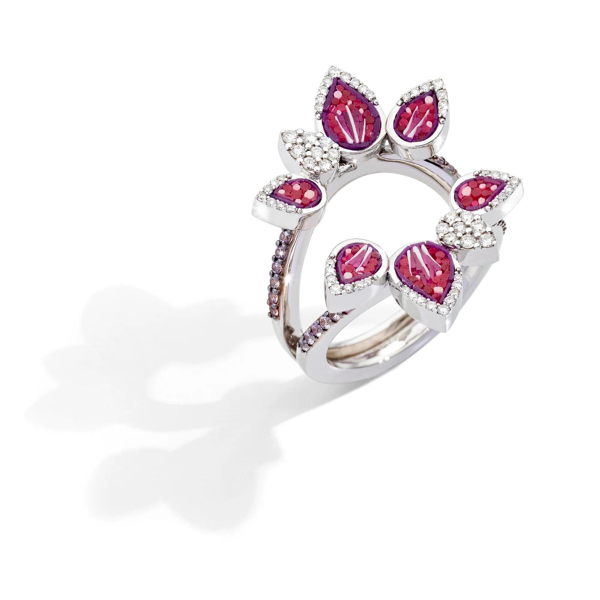Mixed Cut Cocktail Ring in White Gold with White Diamonds, Violet Sapphire and Micromosaic For Sale