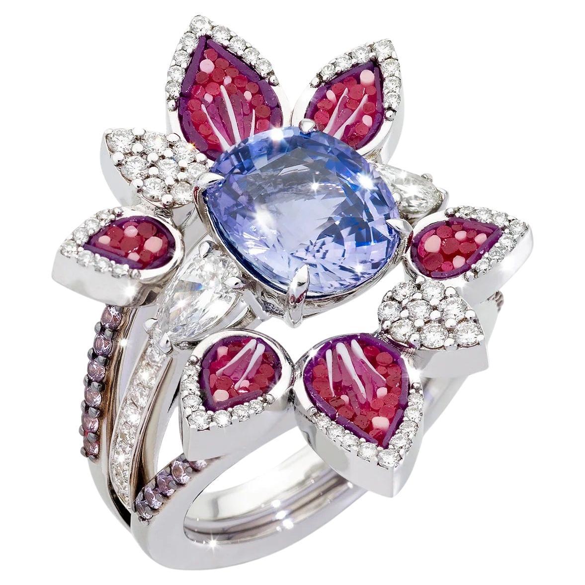 Cocktail Ring in White Gold with White Diamonds, Violet Sapphire and Micromosaic