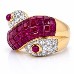 COCKTAIL RING - Invisible Set Ruby Dome & Pave Diamond Terminal 18K Gold.