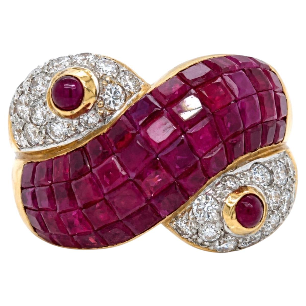COCKTAIL RING - Invisible Set Ruby Dome & Pave Diamond Terminal 18K Gold. For Sale