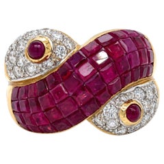 COCKTAIL RING - Invisible Set Ruby Dome & Pave Diamond Terminal 18K Gold.