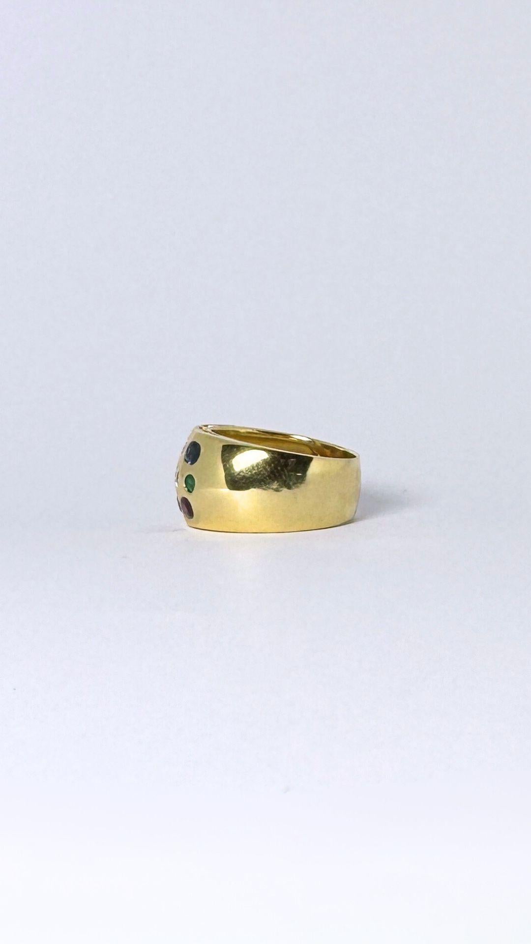 Post-War Cocktail ring made of 18 carat gold with diamonds, rubies, smaragd, sapphire For Sale