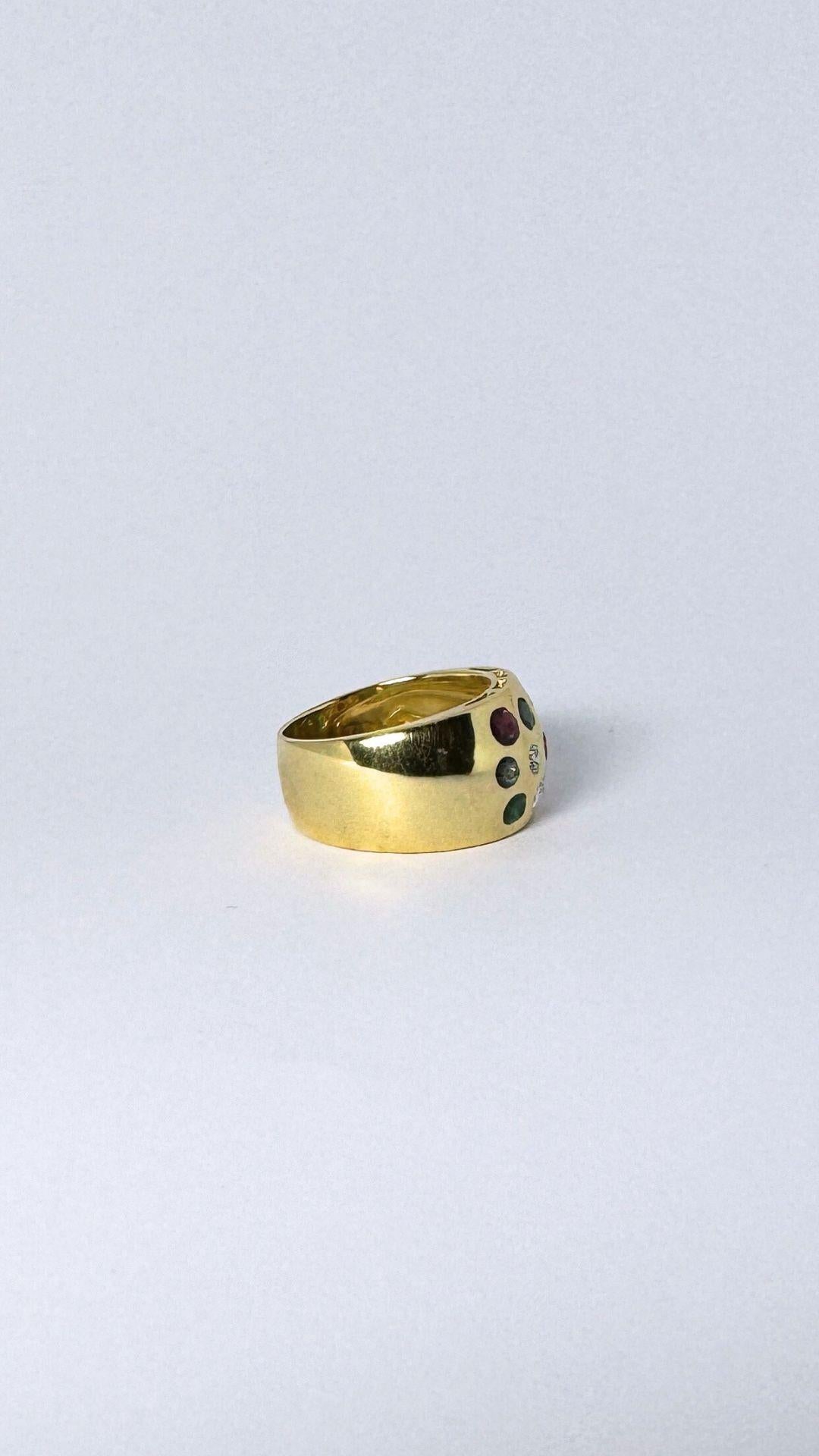 Cocktail ring made of 18 carat gold with diamonds, rubies, smaragd, sapphire For Sale 1