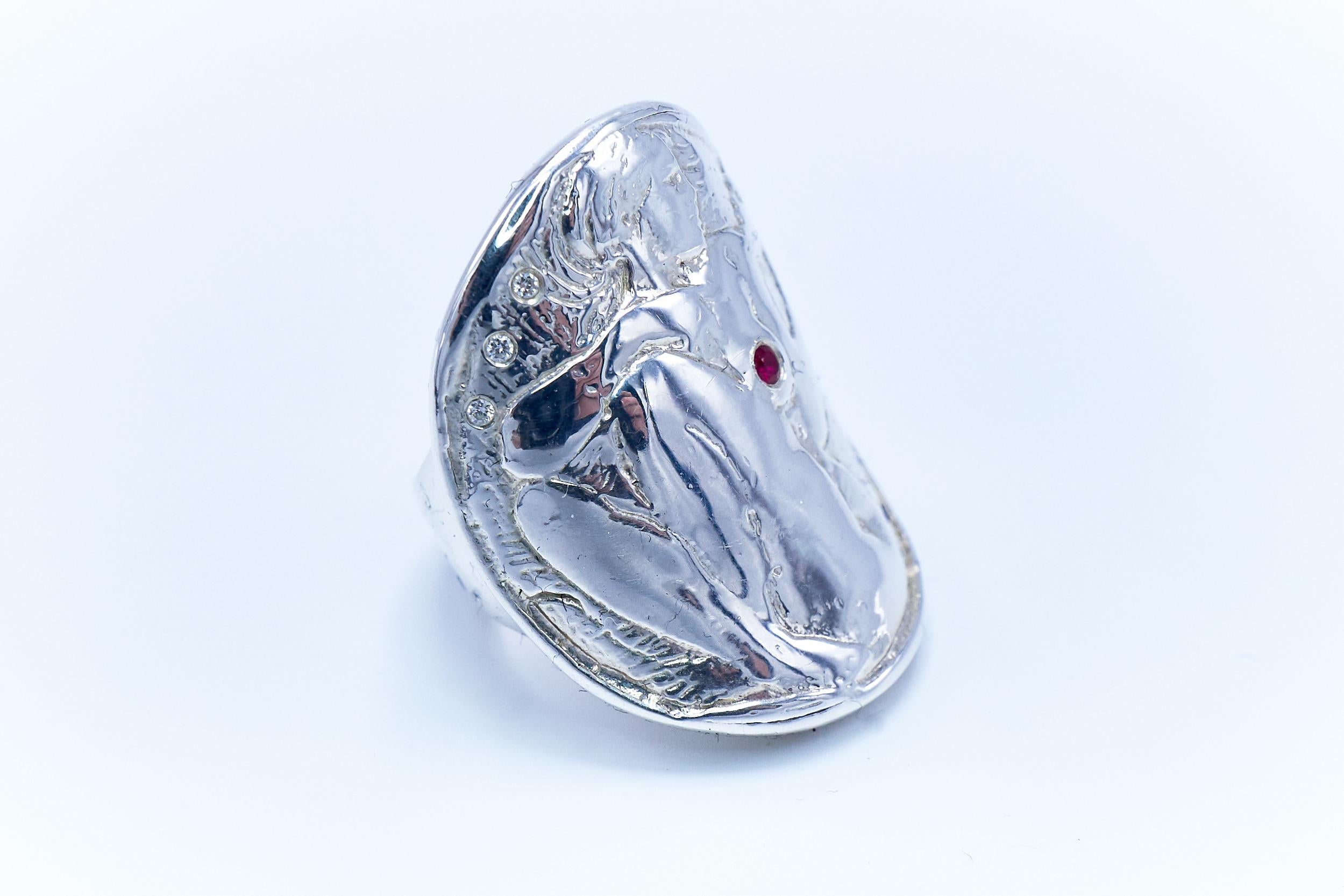 Brilliant Cut Cocktail Ring Medal Coin Silver Woman White Diamond Ruby For Sale
