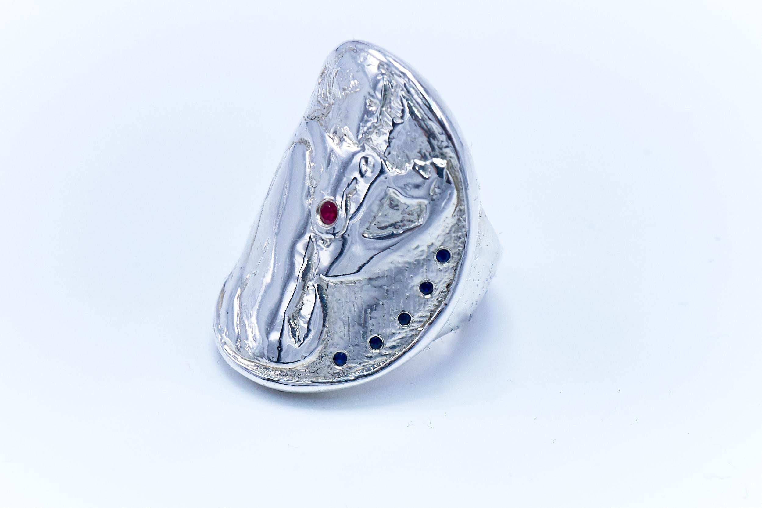 Cocktail Ring Medal Coin Silver Woman White Diamond Ruby In New Condition For Sale In Los Angeles, CA