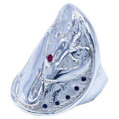 Cocktail-Ring Medaillon Münze Silber Frau Weißer Diamant Rubin