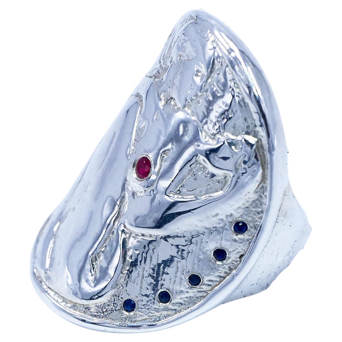 Anillo Cóctel Medalla Moneda Plata Mujer Blanco Diamante Rubí J DAUPHIN