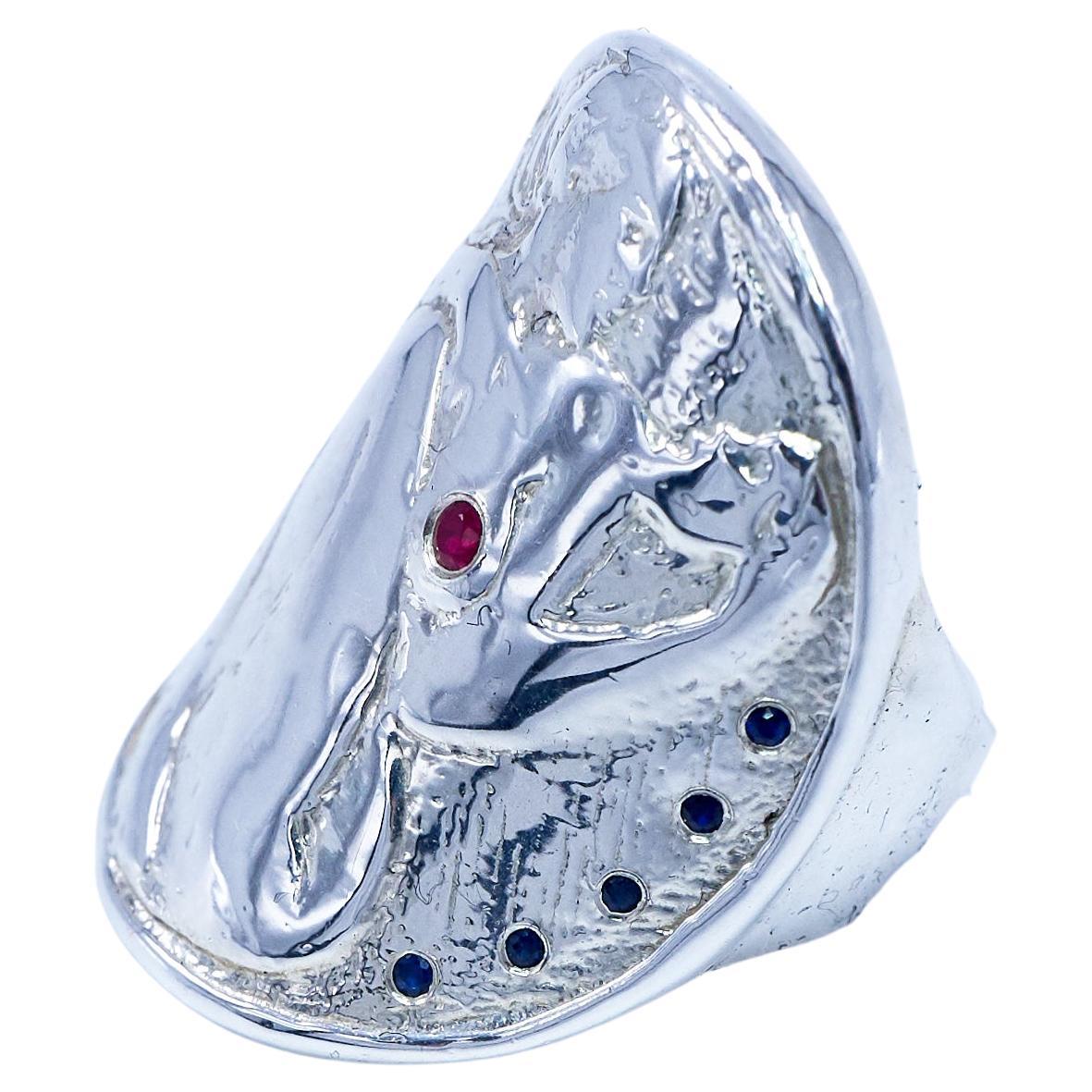 Cocktail Ring Medal Coin Silver Woman White Diamond Ruby J Dauphin For Sale