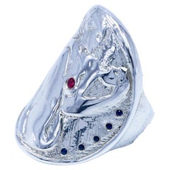 Cocktail Ring Medal Coin Silver Woman White Diamond Ruby J Dauphin