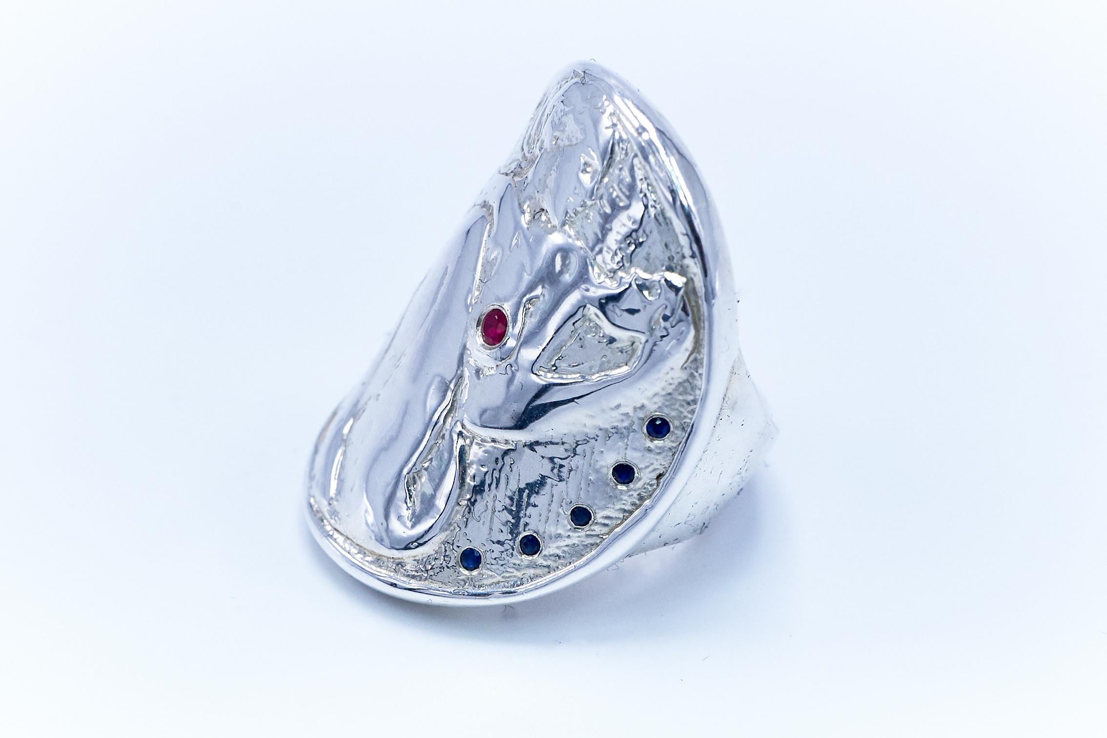 Cocktail-Ring Medaillon Münze Silber Frau Weißer Diamant Rubin  Frau J DAUPHIN (Brillantschliff) im Angebot
