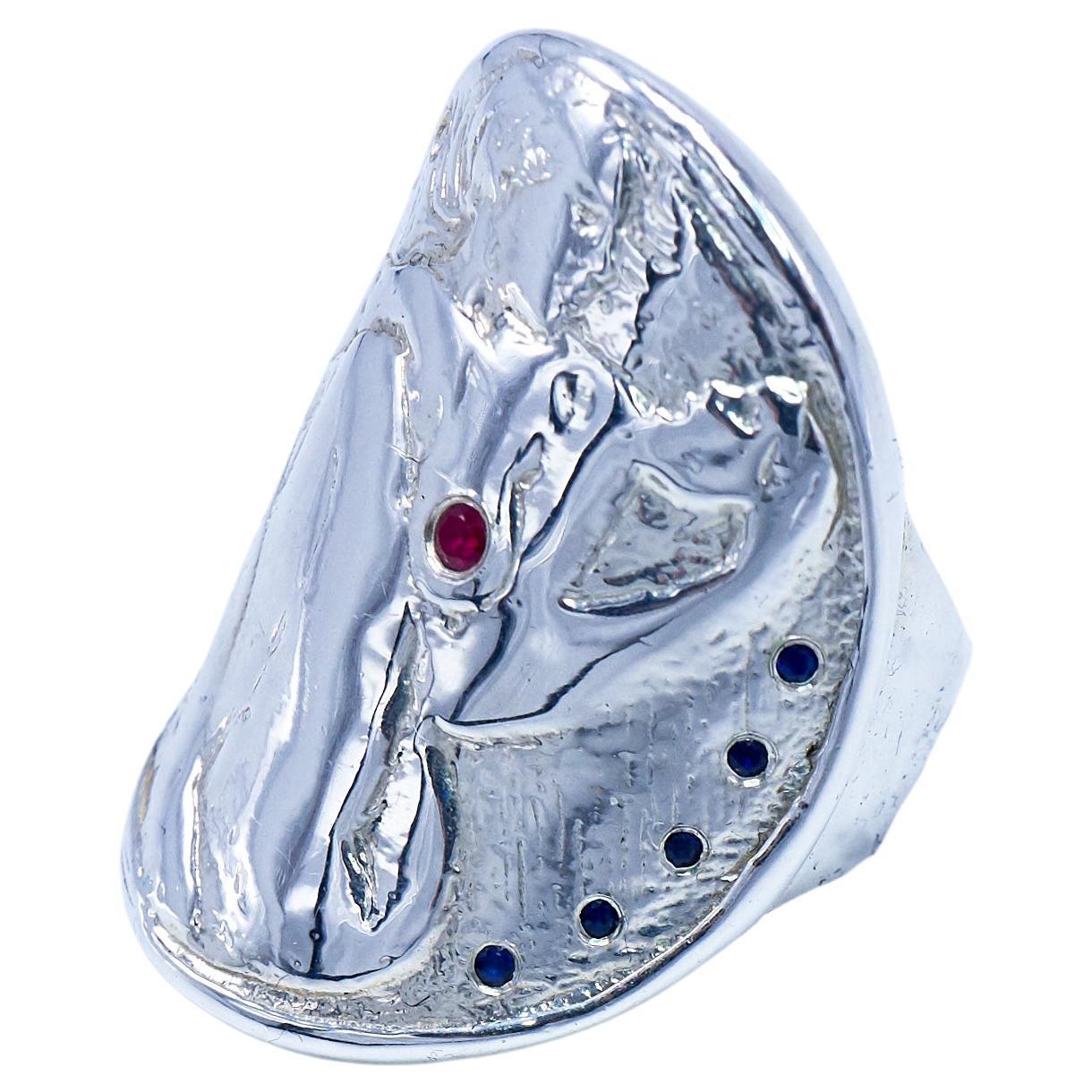 Cocktail Ring Medal Coin Silver Woman White Diamond Ruby  Woman J Dauphin For Sale