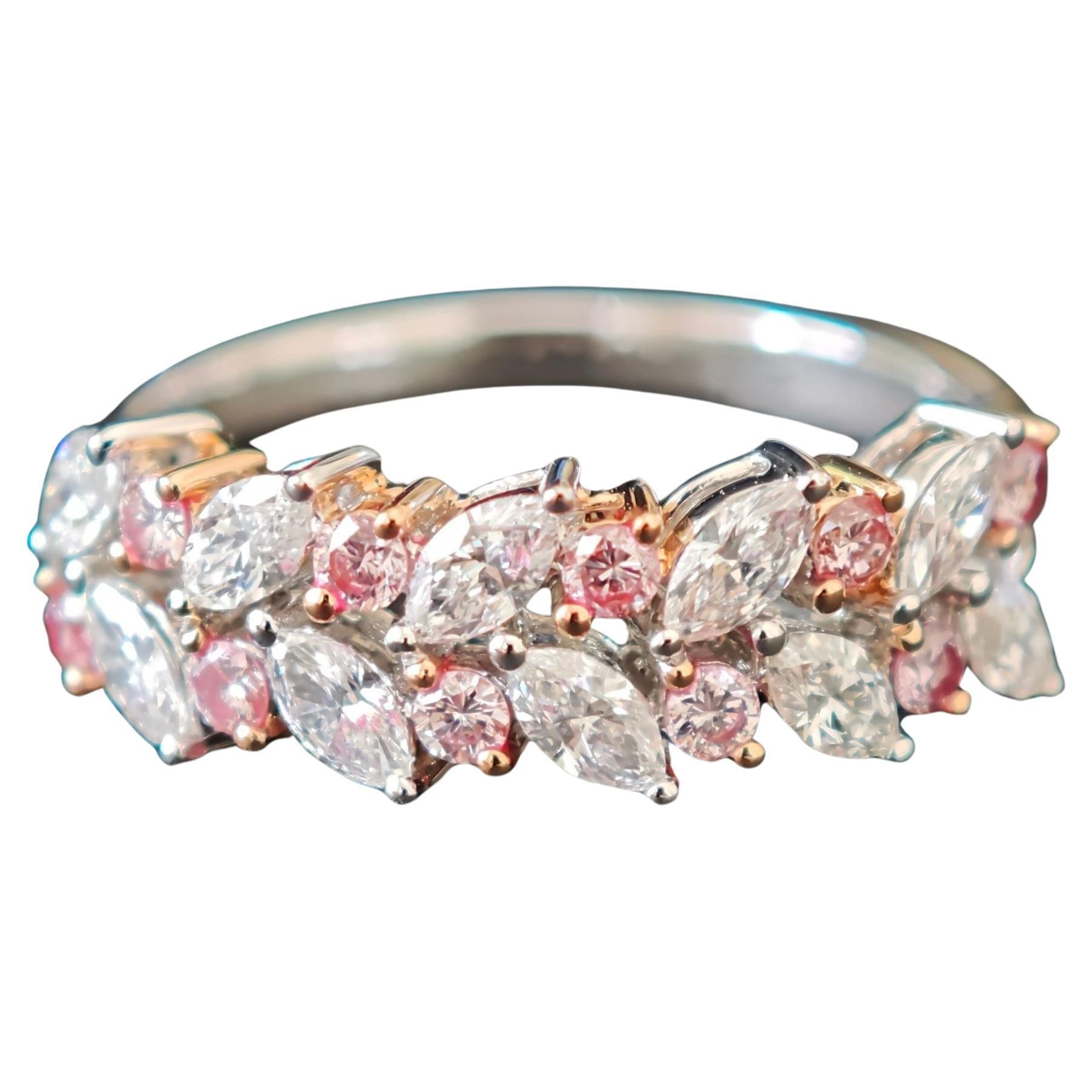 Bague de cocktail, diamants ronds naturels Pink Diamond et Marquise White 0,88 ct. Or 18K