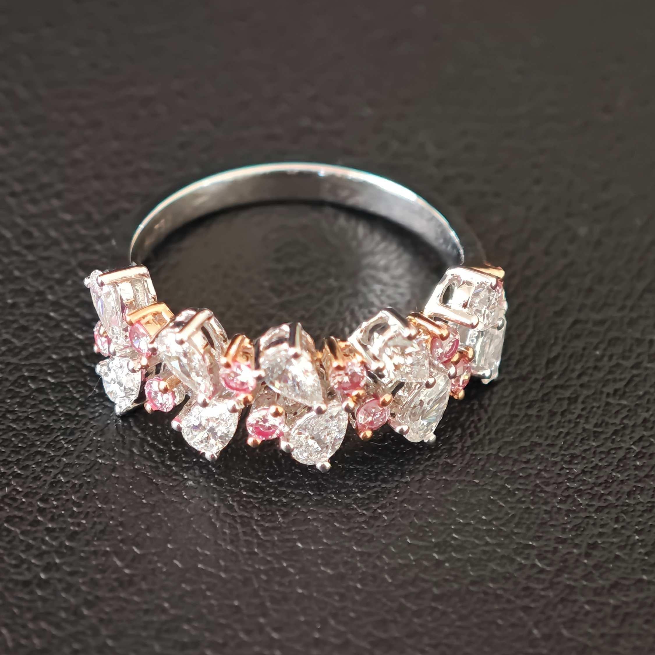 Cocktailring, natürliche runde Pink & Pear White Diamanten 1,28 ct.  18K Gold im Angebot 5