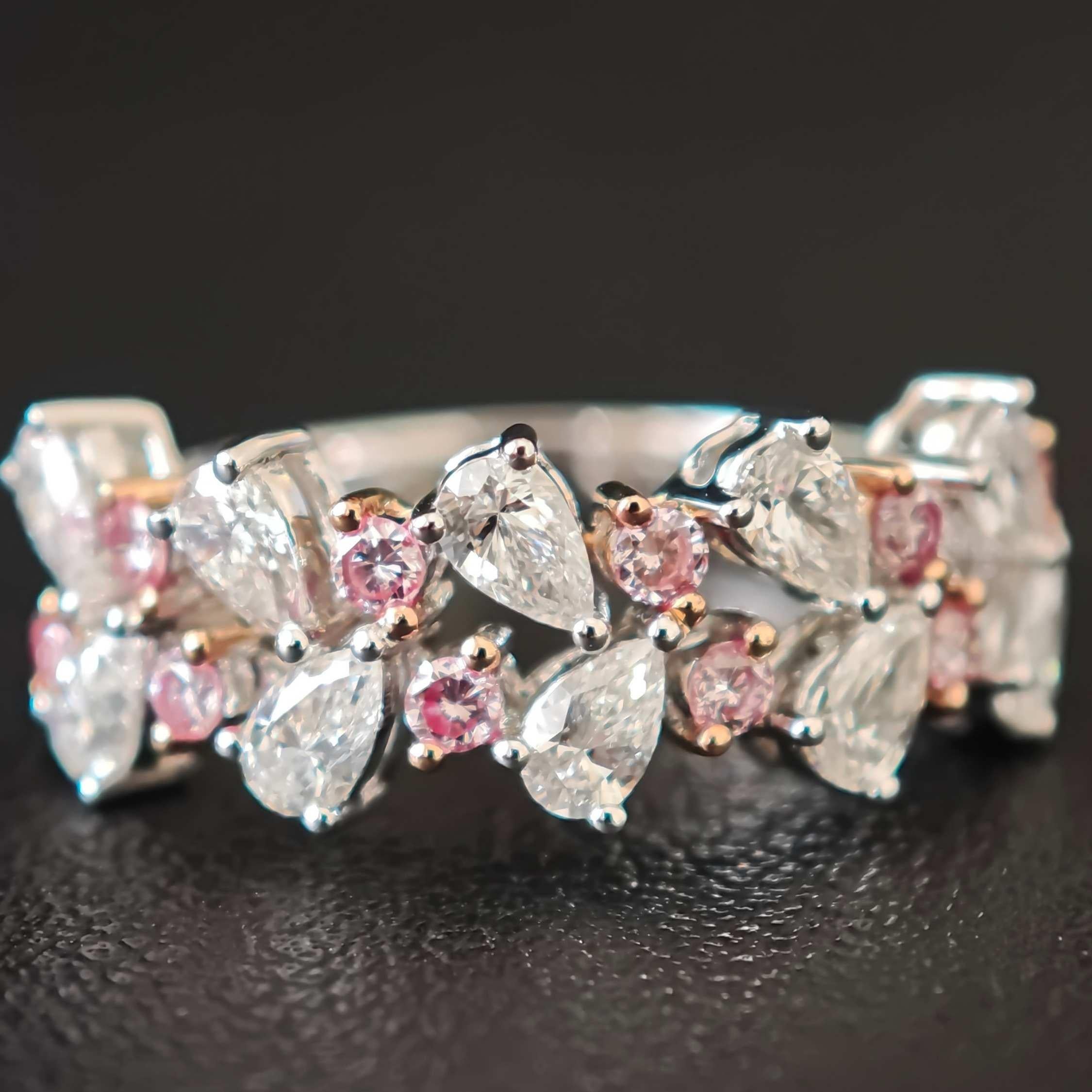 Cocktailring, natürliche runde Pink & Pear White Diamanten 1,28 ct.  18K Gold im Angebot 4