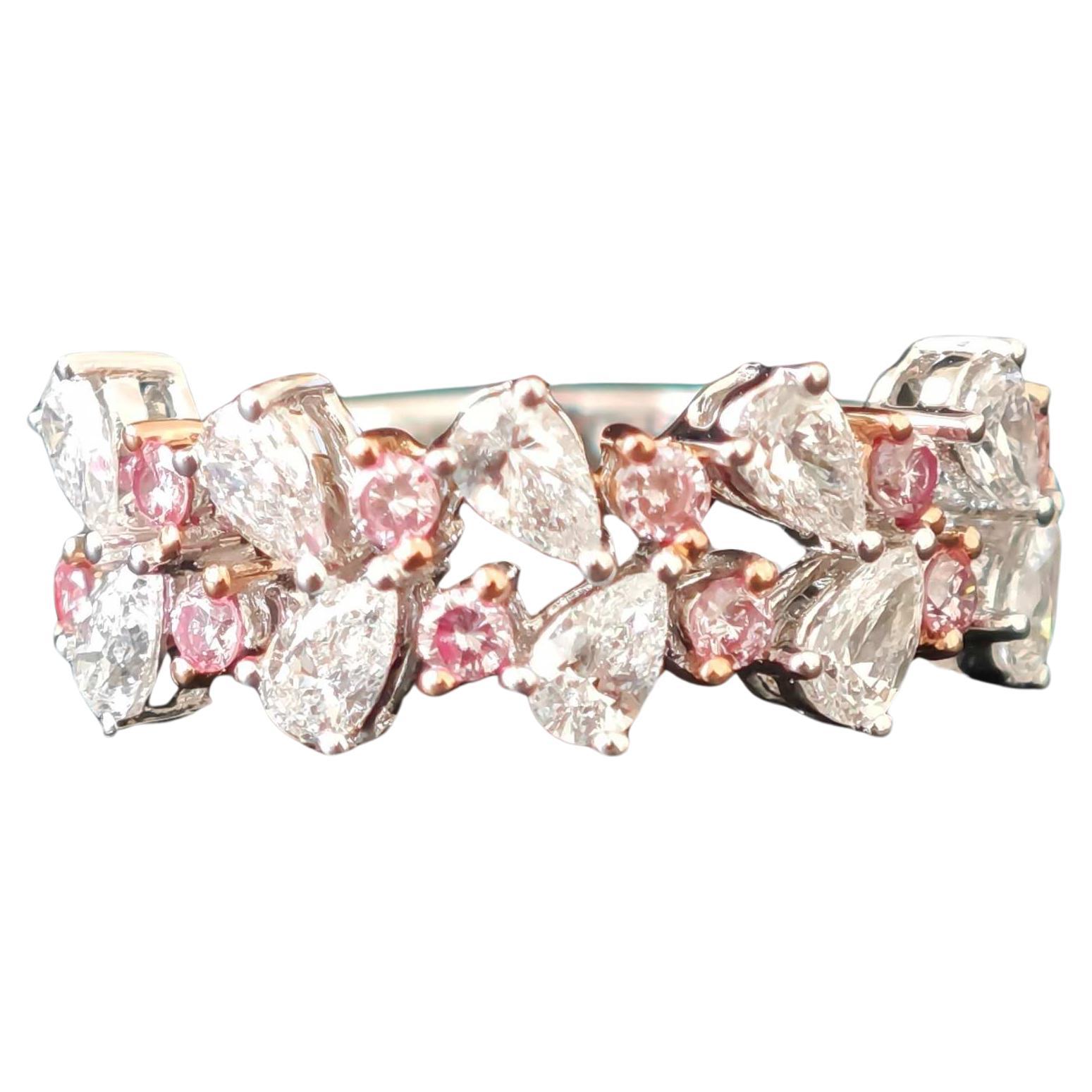 Anello da cocktail, diamanti tondi naturali Pink Diamond e Pear White 1,28 ct. Oro 18 carati