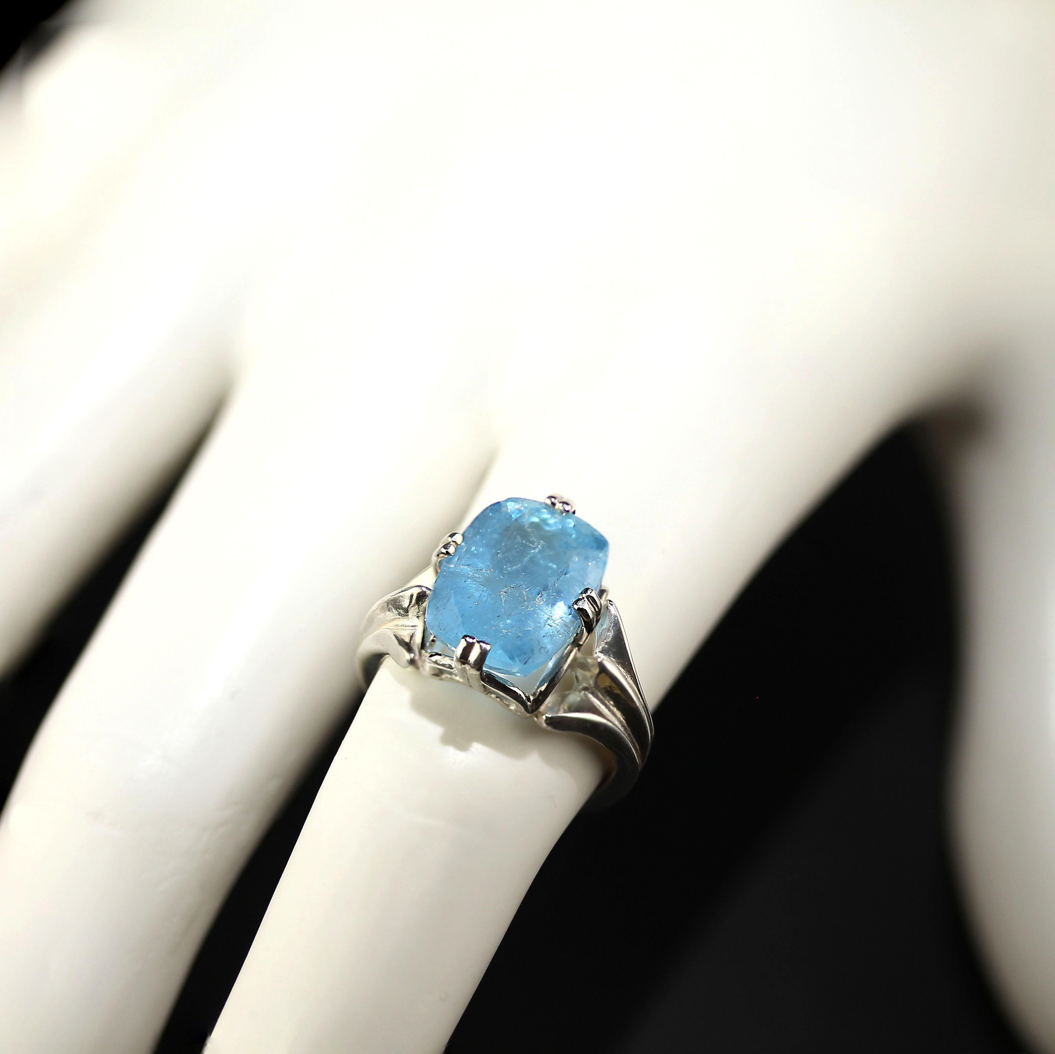 Artisan AJD Cocktail Ring of Blue Aquamarine Set in Silver March Birthstone