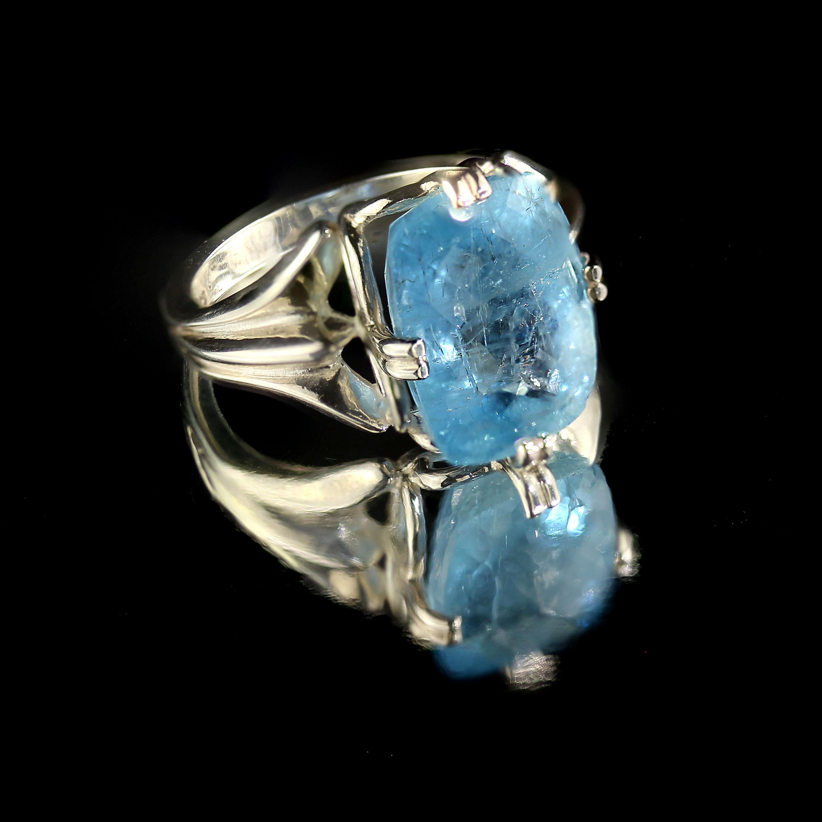 AJD Cocktail Ring of Blue Aquamarine Set in Silver March Birthstone In New Condition In Raleigh, NC