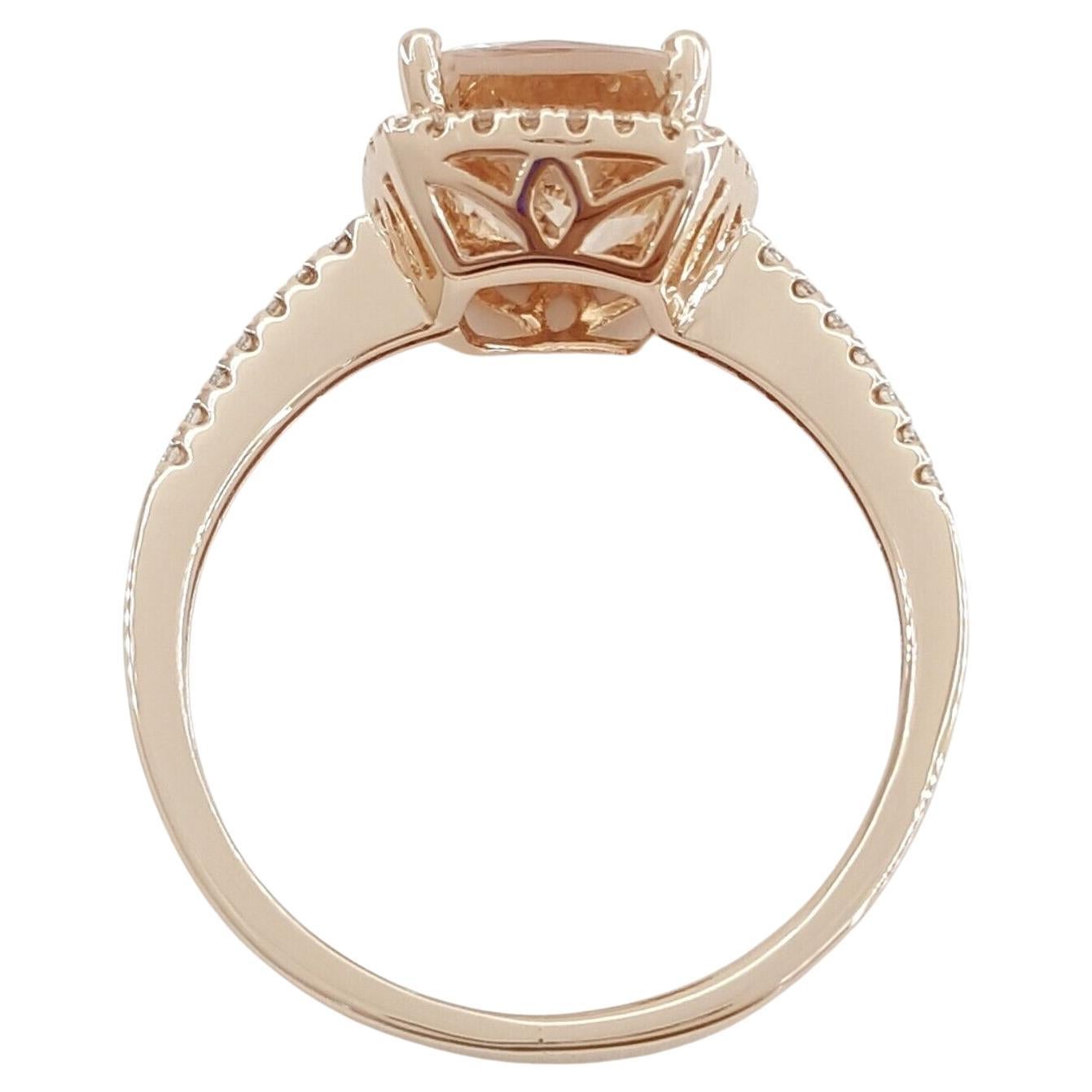 stunning Statement/Cocktail Ring crafted in 14K Rose Gold, featuring a Peach Morganite and a total of 0.22 carats of Diamonds.

Weighing a delicate 2.8 grams and sized at 6.5, this ring boasts a center stone in the form of a Rectangular Cushion