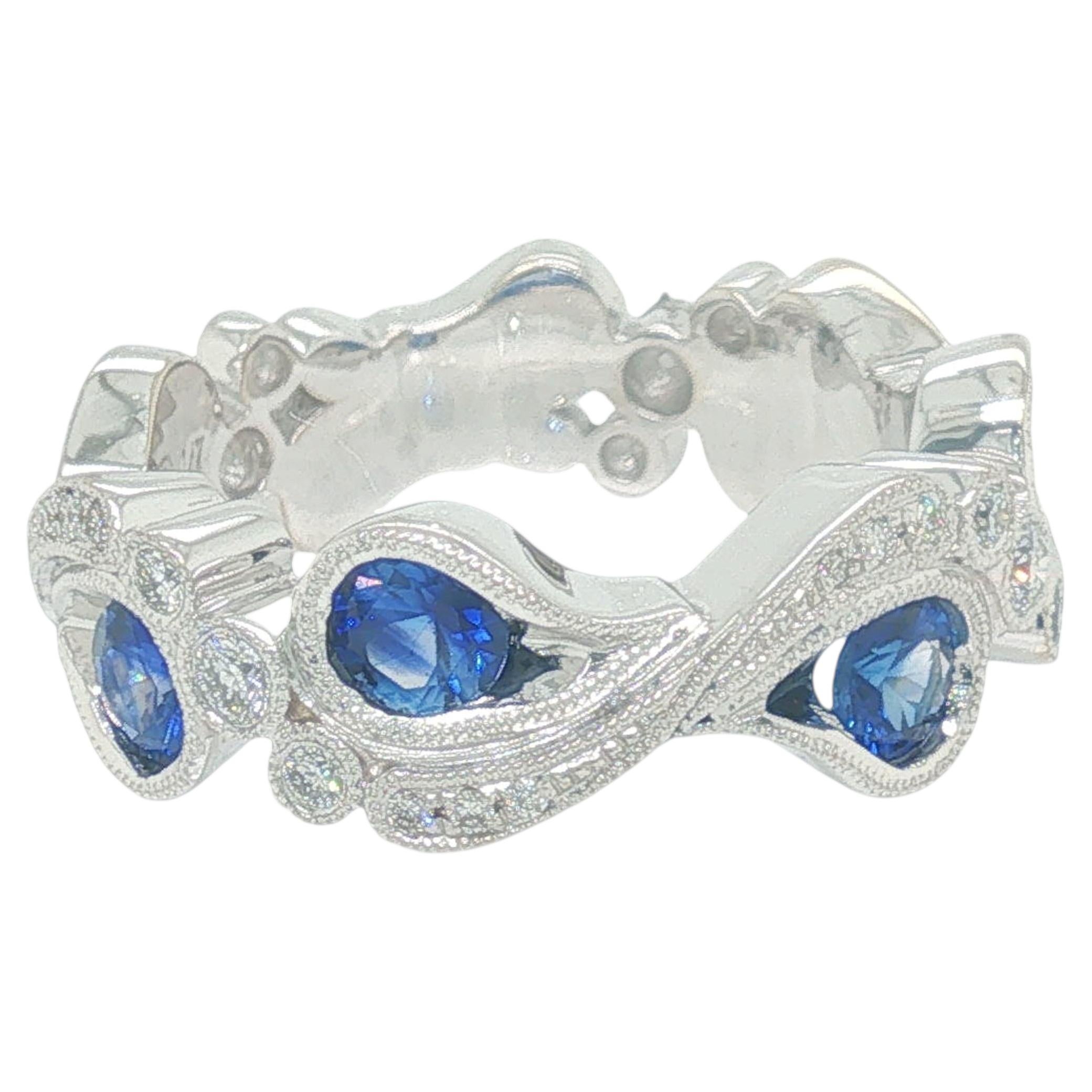 Cocktail Ring - Pear Shape Sapphire Diamond Wave Ring in 14K White Gold For Sale