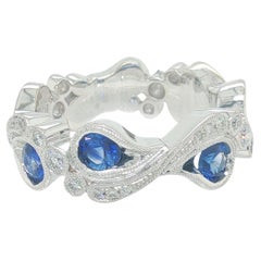 Cocktail Ring - Pear Shape Sapphire Diamond Wave Ring in 14K White Gold