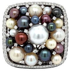 Bague de cocktail - Salavetti Or blanc 18K Perles de culture multi-couleurs Diamants