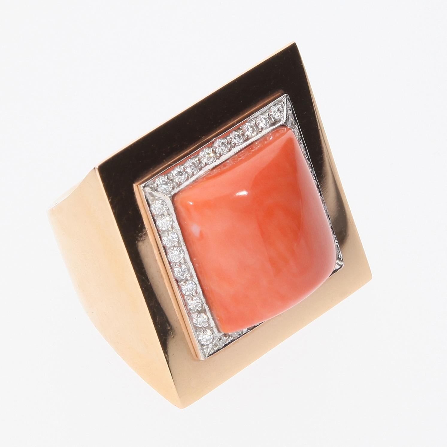 Salmon Coral Ring Surrounded by 36 Diamonds. 18 Kt Rose Gold. Handmade in Italy. For Sale 4