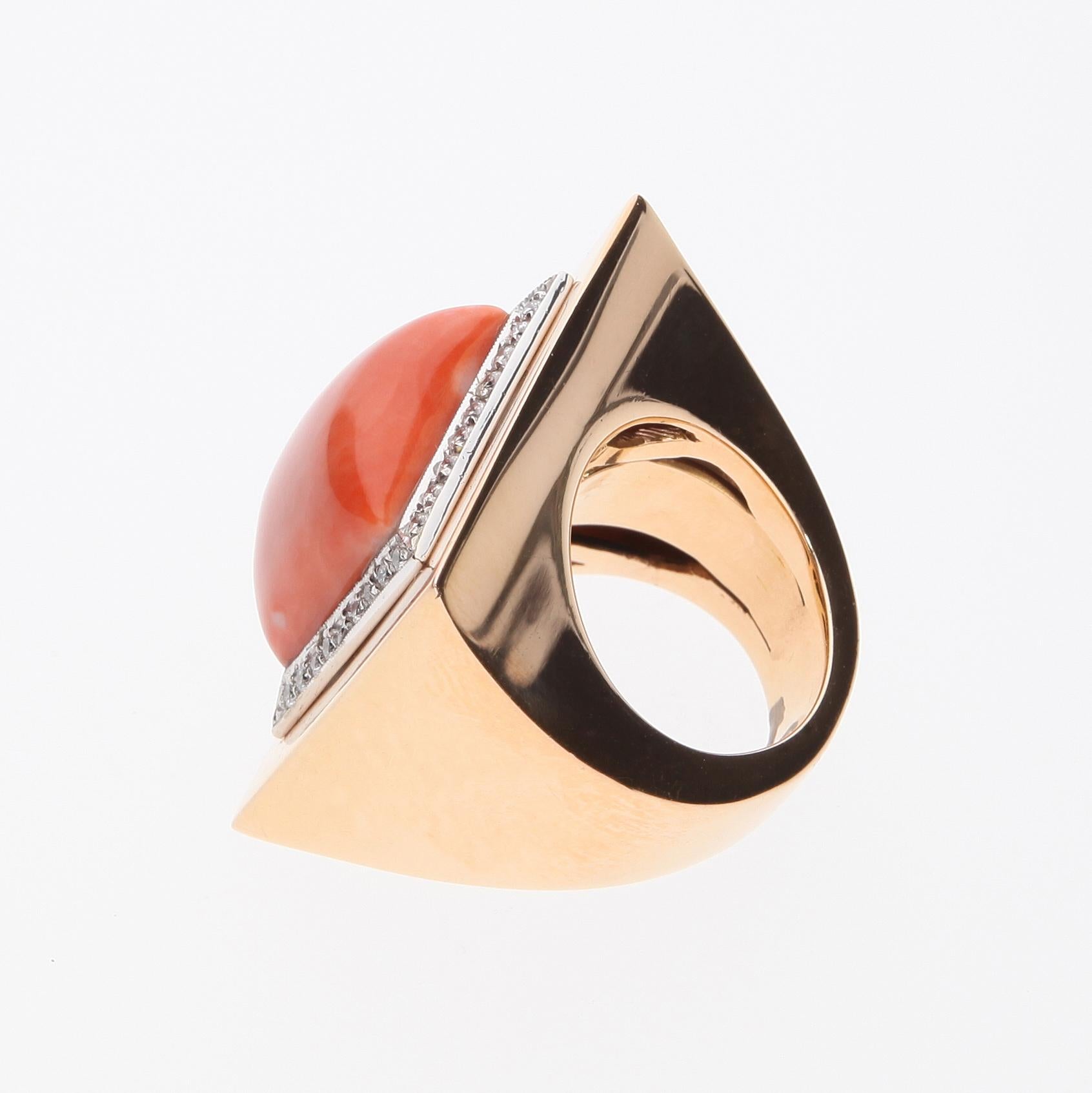 Salmon Coral Ring Surrounded by 36 Diamonds. 18 Kt Rose Gold. Handmade in Italy. For Sale 5