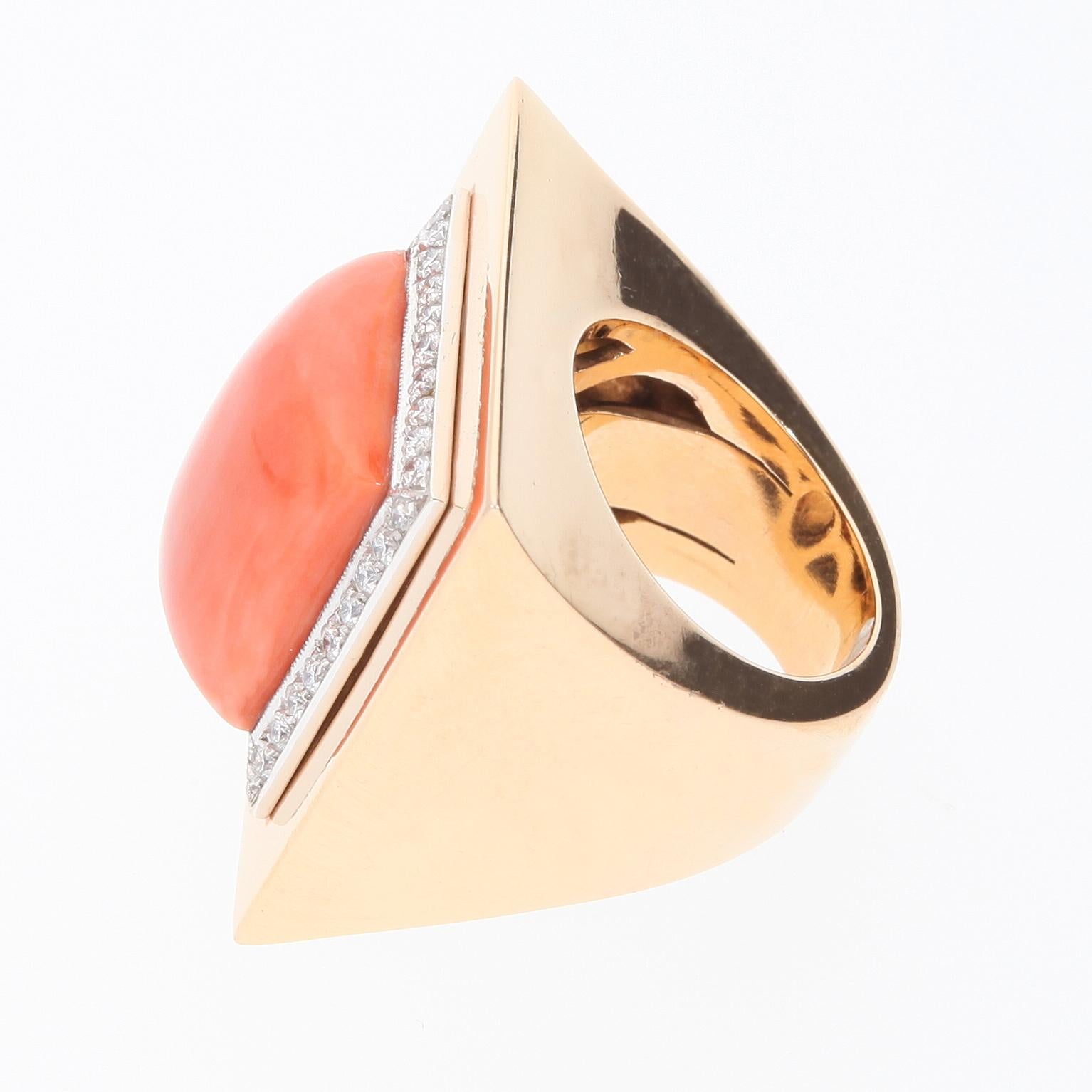 Salmon Coral Ring Surrounded by 36 Diamonds. 18 Kt Rose Gold. Handmade in Italy. For Sale 6