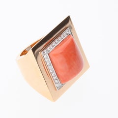 Salmon Coral Ring Surrounded by 36 Diamonds. 18 Kt Rose Gold. Handmade in Italy.