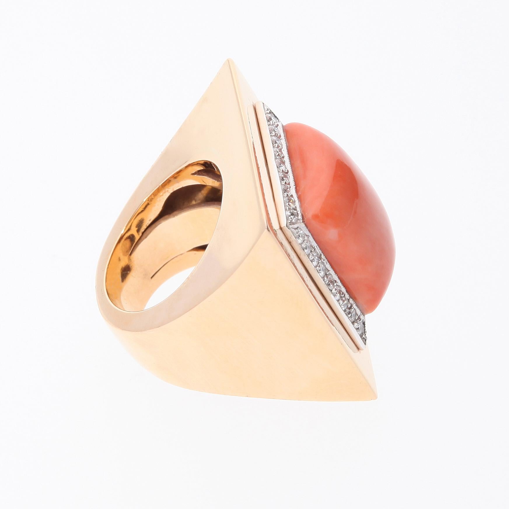 Contemporary Salmon Coral Ring Surrounded by 36 Diamonds. 18 Kt Rose Gold. Handmade in Italy. For Sale