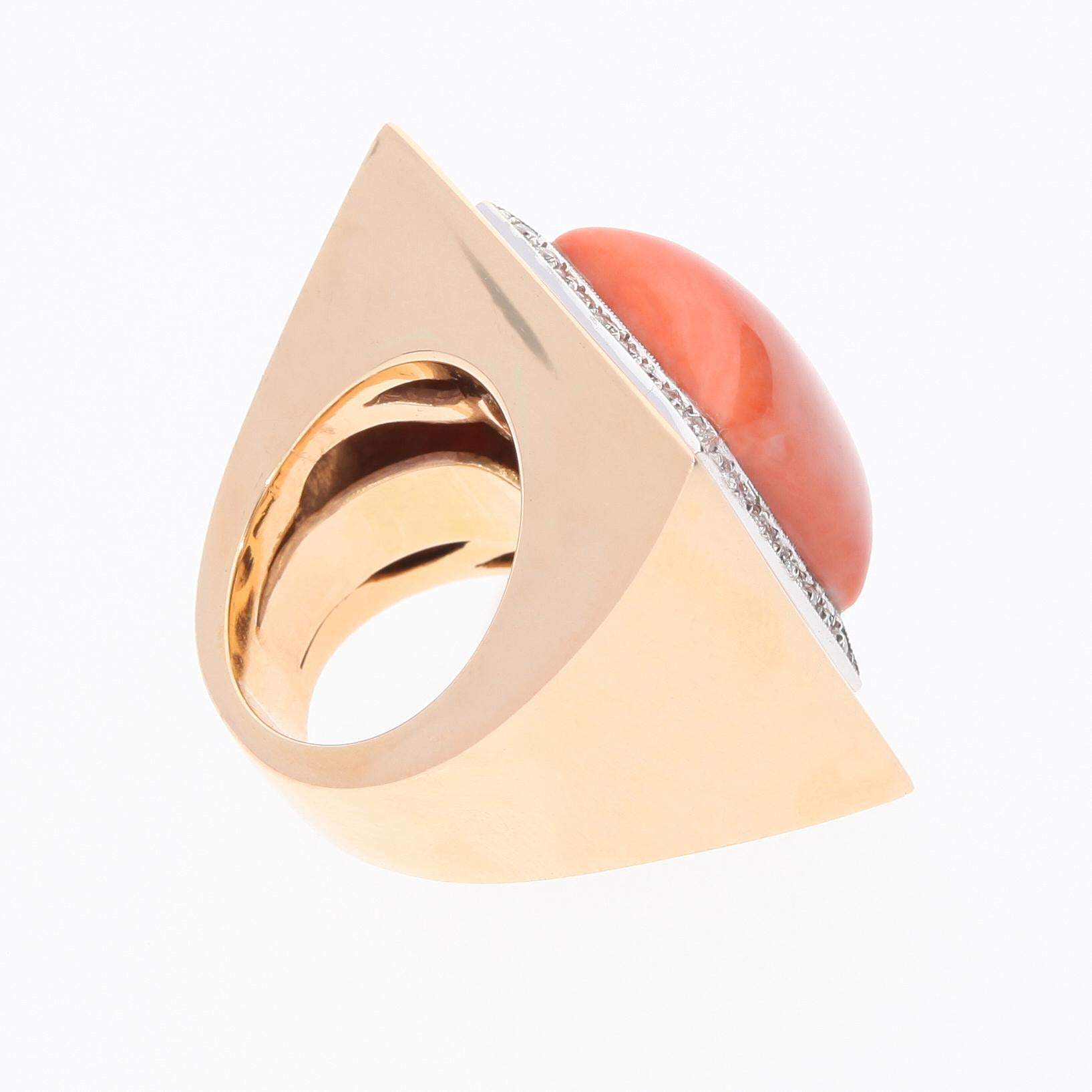 Cushion Cut Salmon Coral Ring Surrounded by 36 Diamonds. 18 Kt Rose Gold. Handmade in Italy. For Sale