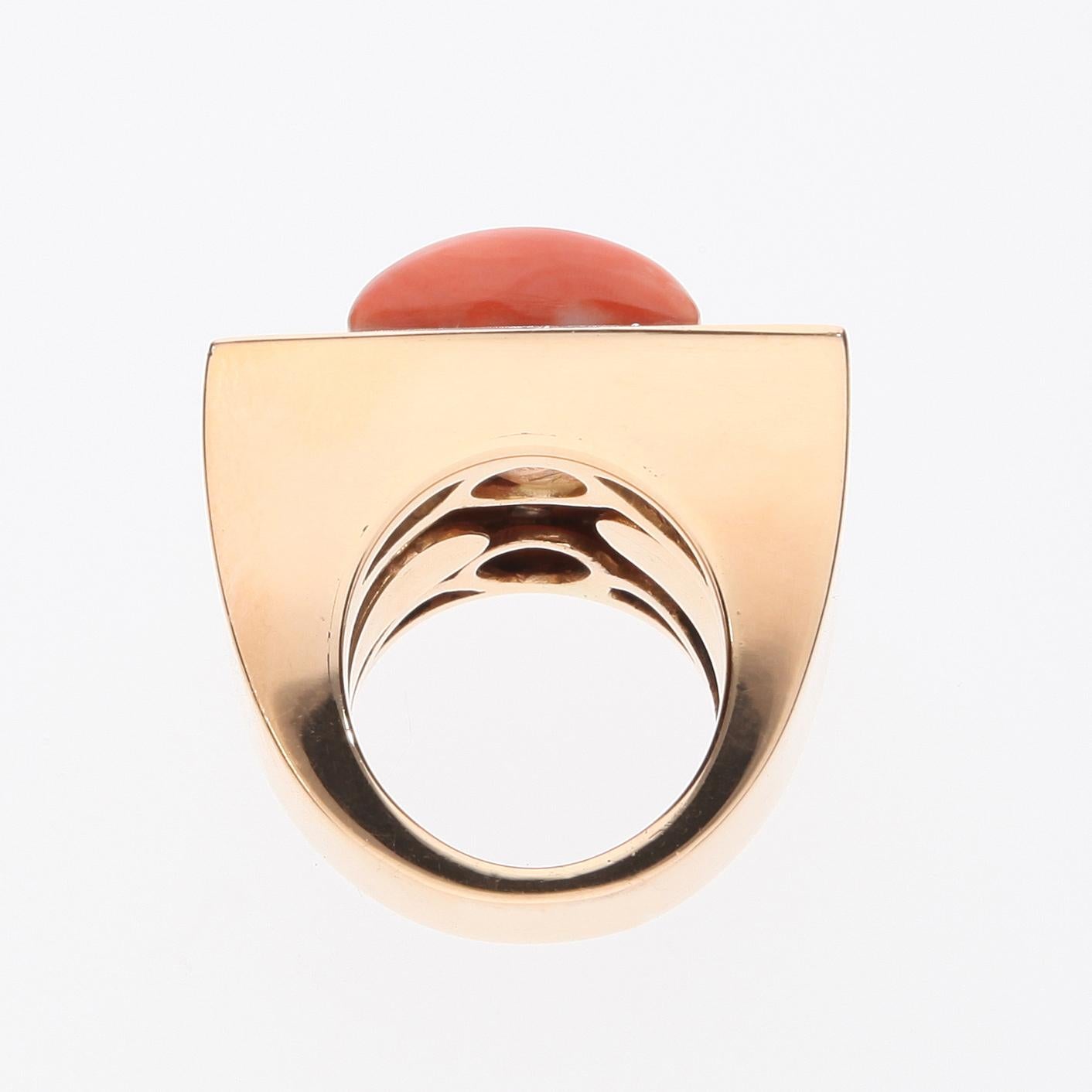 Women's Salmon Coral Ring Surrounded by 36 Diamonds. 18 Kt Rose Gold. Handmade in Italy. For Sale