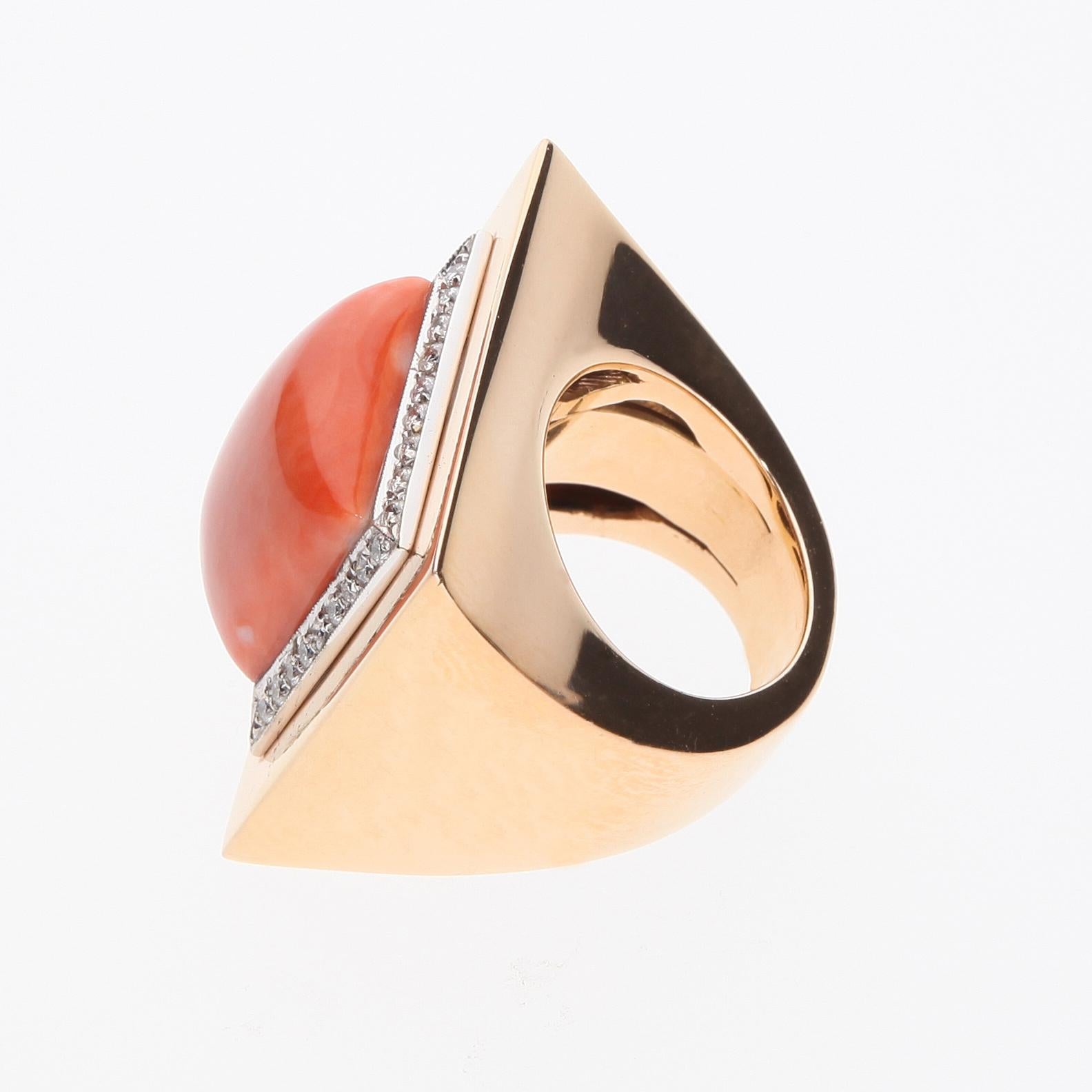 Salmon Coral Ring Surrounded by 36 Diamonds. 18 Kt Rose Gold. Handmade in Italy. For Sale 1