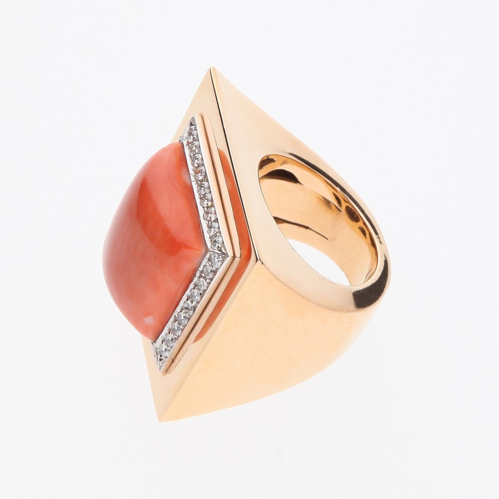 Salmon Coral Ring Surrounded by 36 Diamonds. 18 Kt Rose Gold. Handmade in Italy. For Sale 2
