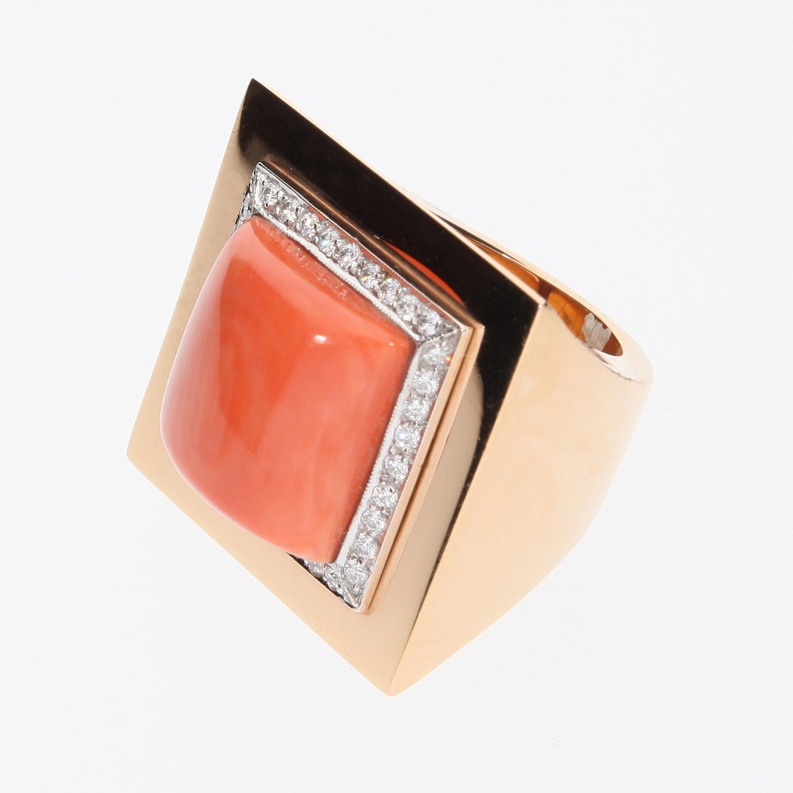 Salmon Coral Ring Surrounded by 36 Diamonds. 18 Kt Rose Gold. Handmade in Italy. For Sale 3