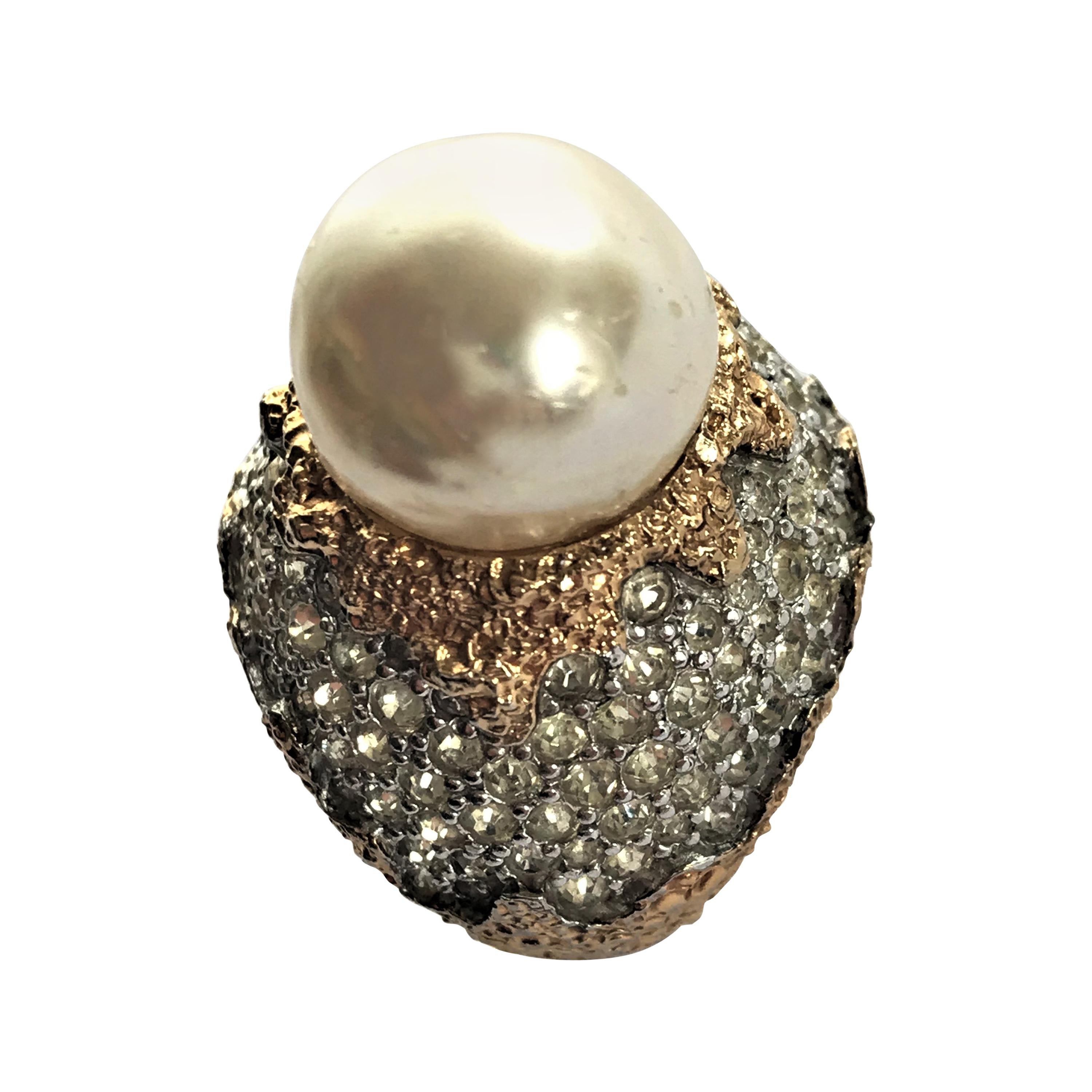 Fashion Celebrity Big White 5 Faux Pearl ring Runway one size resizeable silver 