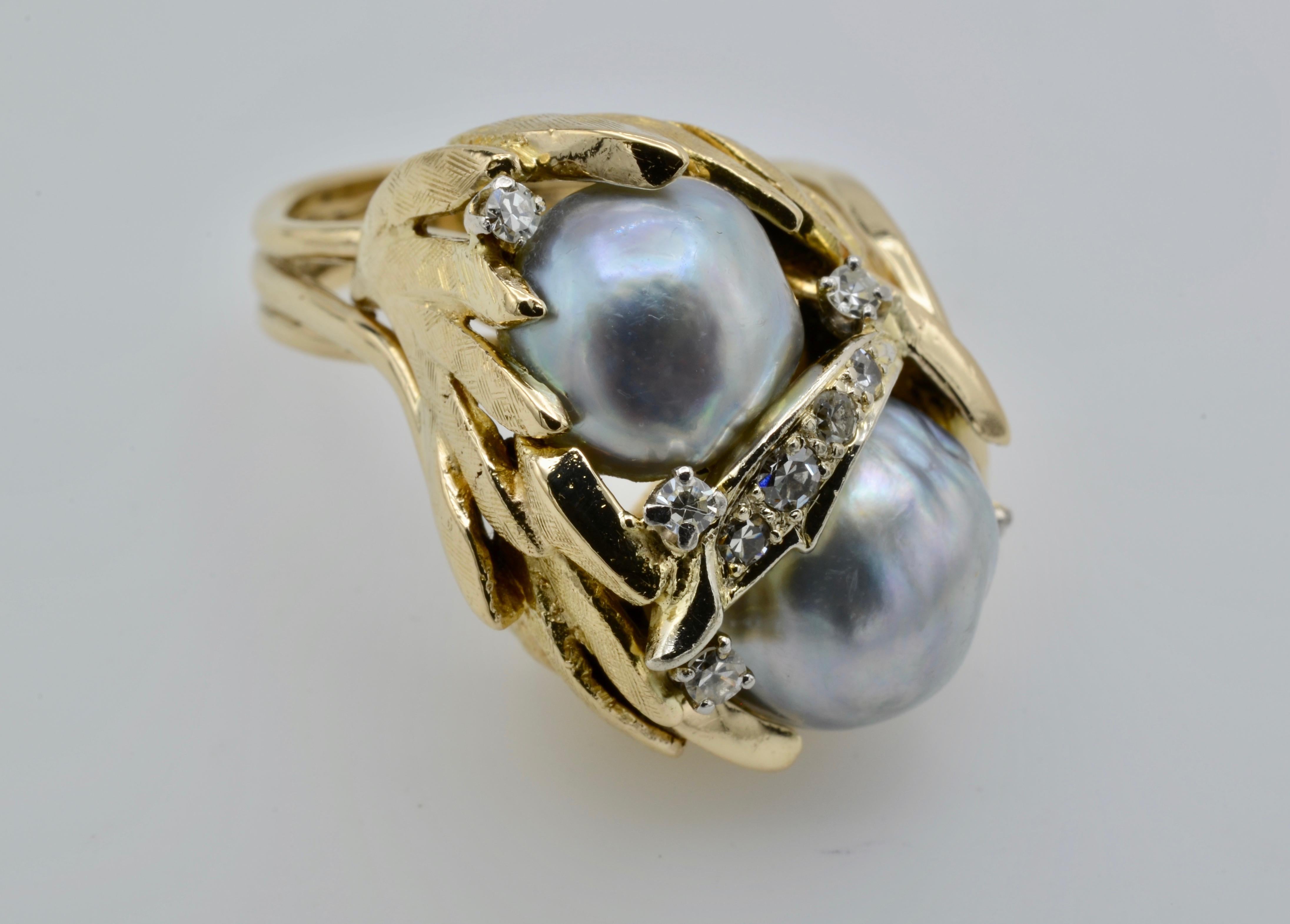South Sea Pearl Diamond Ring Leaves Circa 1970 For Sale 4