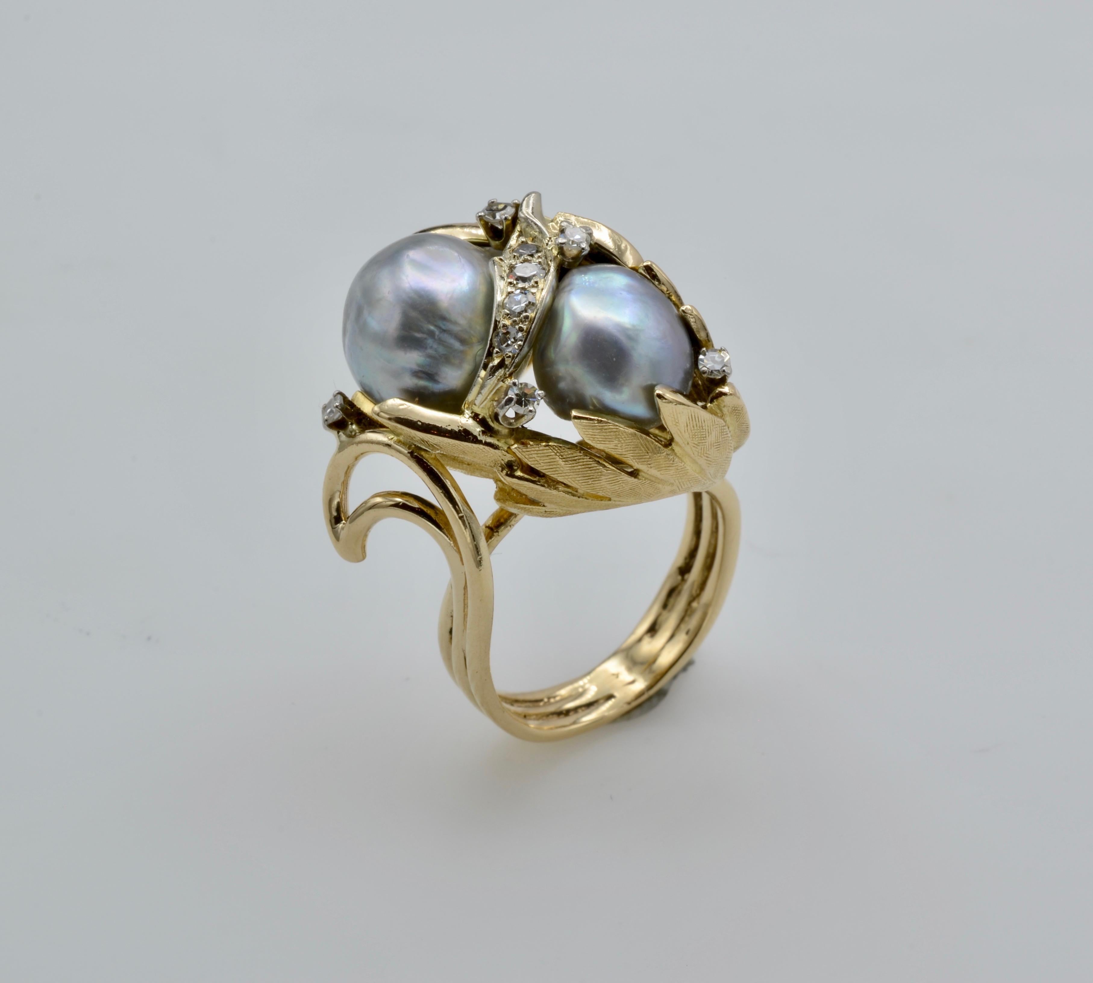 South Sea Pearl Diamond Ring Leaves Circa 1970 For Sale 5