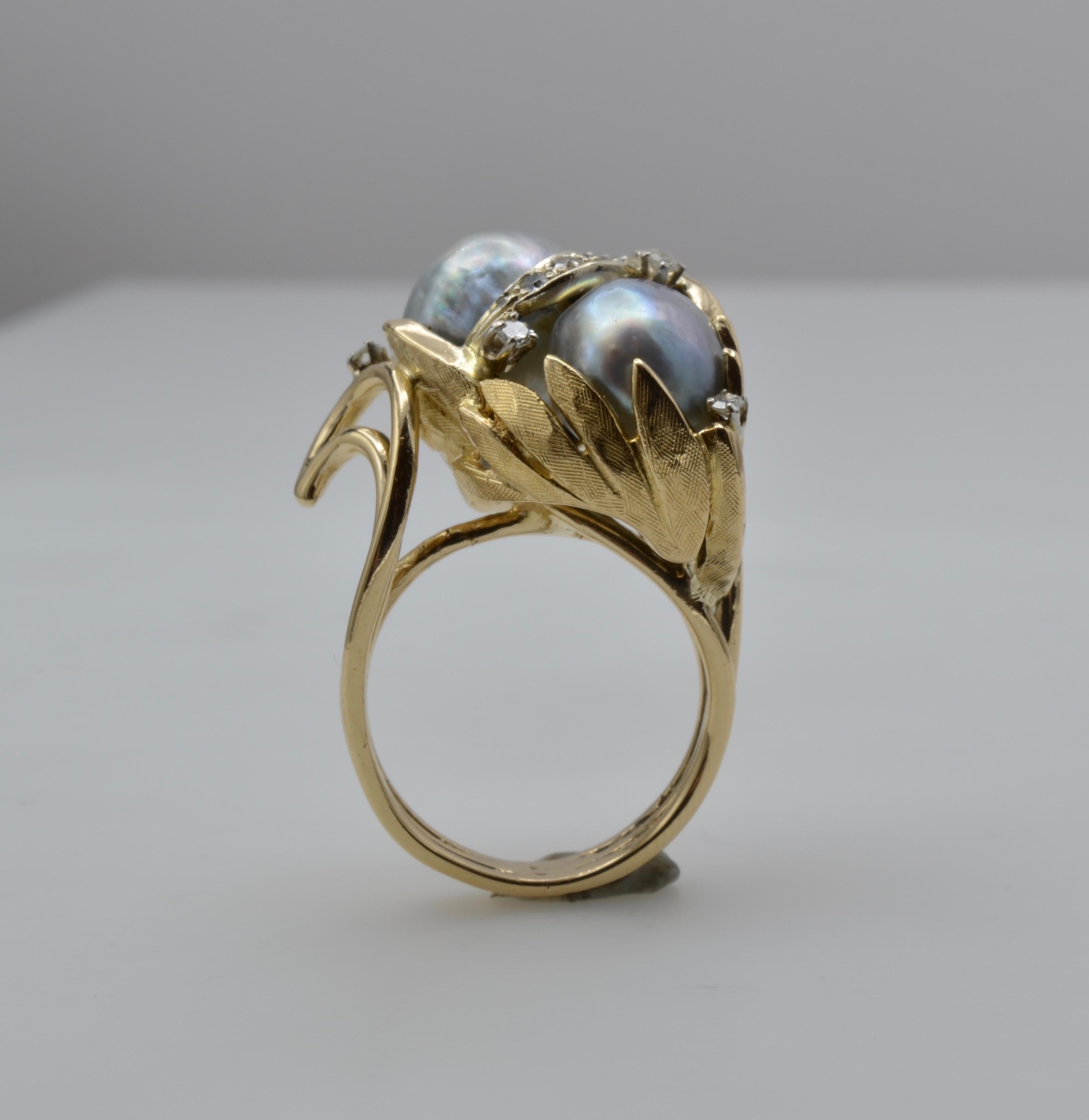 South Sea Pearl Diamond Ring Leaves Circa 1970 For Sale 6