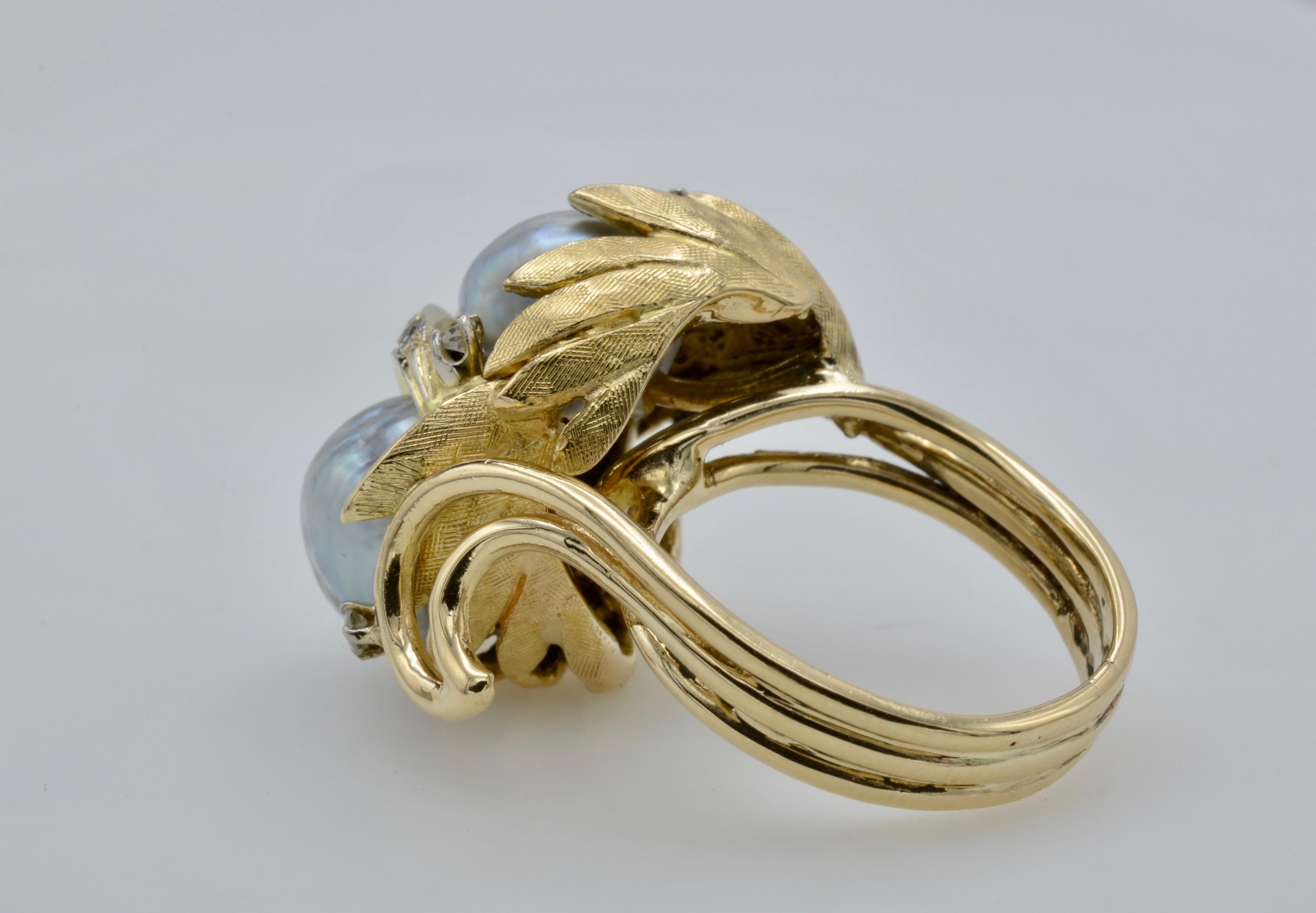 Modernist South Sea Pearl Diamond Ring Leaves Circa 1970 For Sale